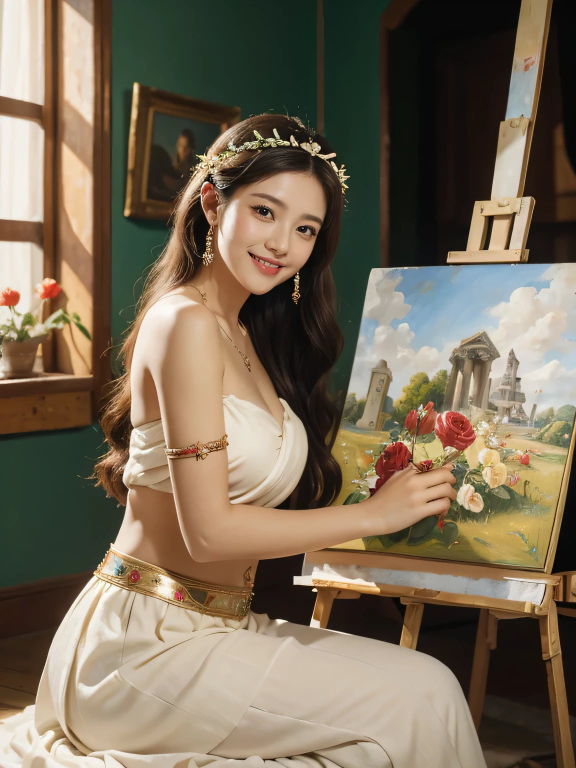 Giorgione painting style,roses in vase、fruits、Cute trinkets、smile、ancient greek costume、Clothes that stretch your shoulders、A big smile、beautiful bare skin,Female painter painting oil in her studio,Woman painting in oil with oil brush and palette,Woman painting oil on canvas