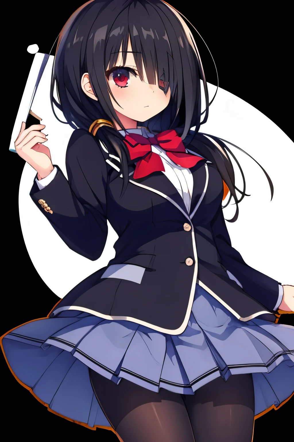 bbkurumi, long hair, low twintails, hair over one eye, school uniform, blazer, black jacket, pleated skirt, blue skirt, black pantyhose,white background