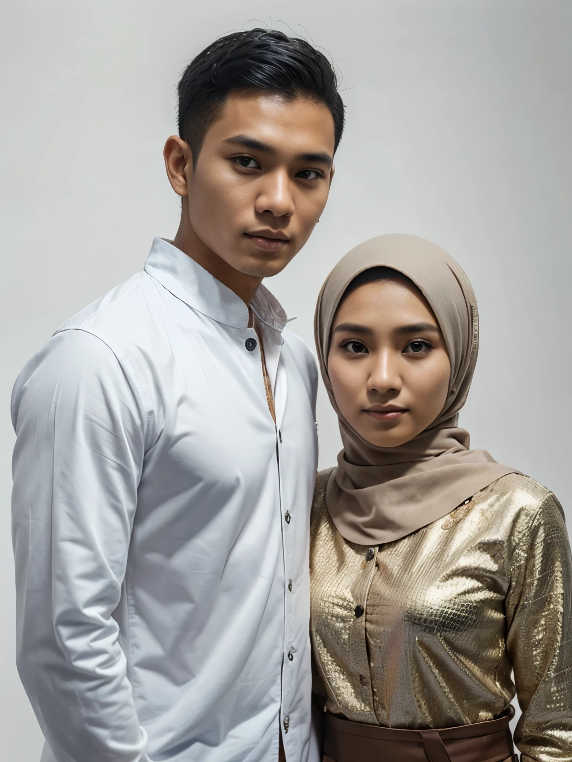 A handsome Indonesian young man is taking a photo together with a 22 year old Indonesian hijab wearing woman posing in front of a white background, best quality, realistic, sharp focus, realistic face, detailed face, unity 8k wallpaper, very high resolution, He is looking at the viewer