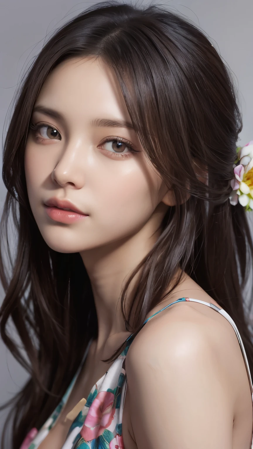 (best quality,8k,ultra-detailed:1.2),gorgeous detailed eyes,beautiful long black hair,unique eye color,pocket hands,gazing at others,digital painting,anatomically correct,makoto shinkai style,colorful floral patterned dress,concept art,vivid imagery, colourful flowers background