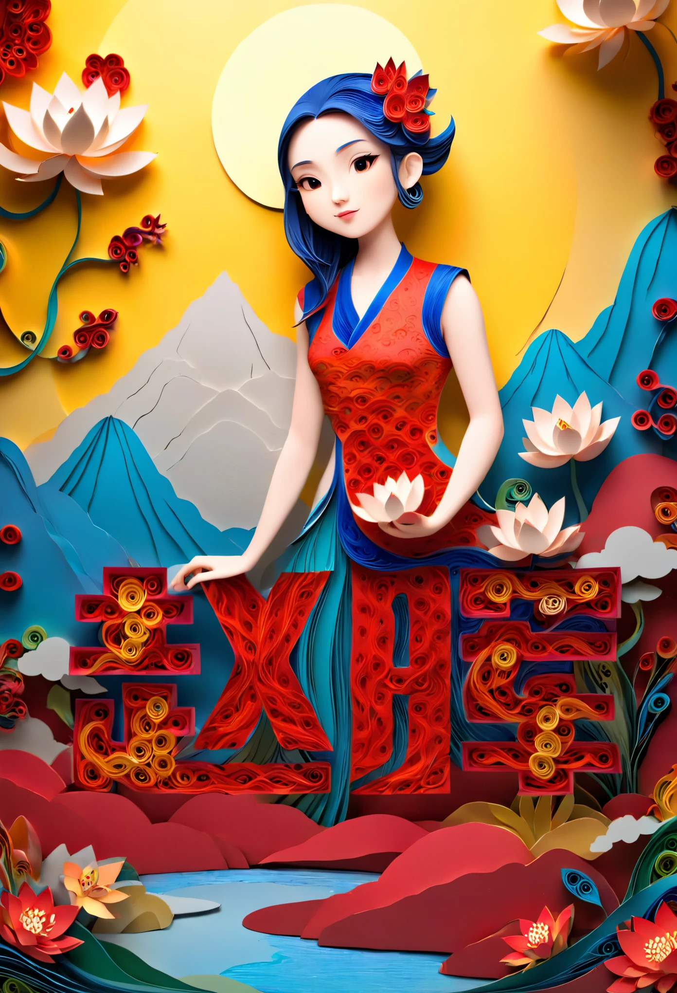 (number art, paper art,layered paper art,paper quilling,paper-cut,paper sculpture)，1 girl,mountains, tree, river，flowers，lotus， (Oriental elements, Chinese color, Advanced color matching),(3D sculpture，Render by Octane，Volumetric light), (Loss of focus, Very colorful, light, chiaroscuro,Ray tracing)