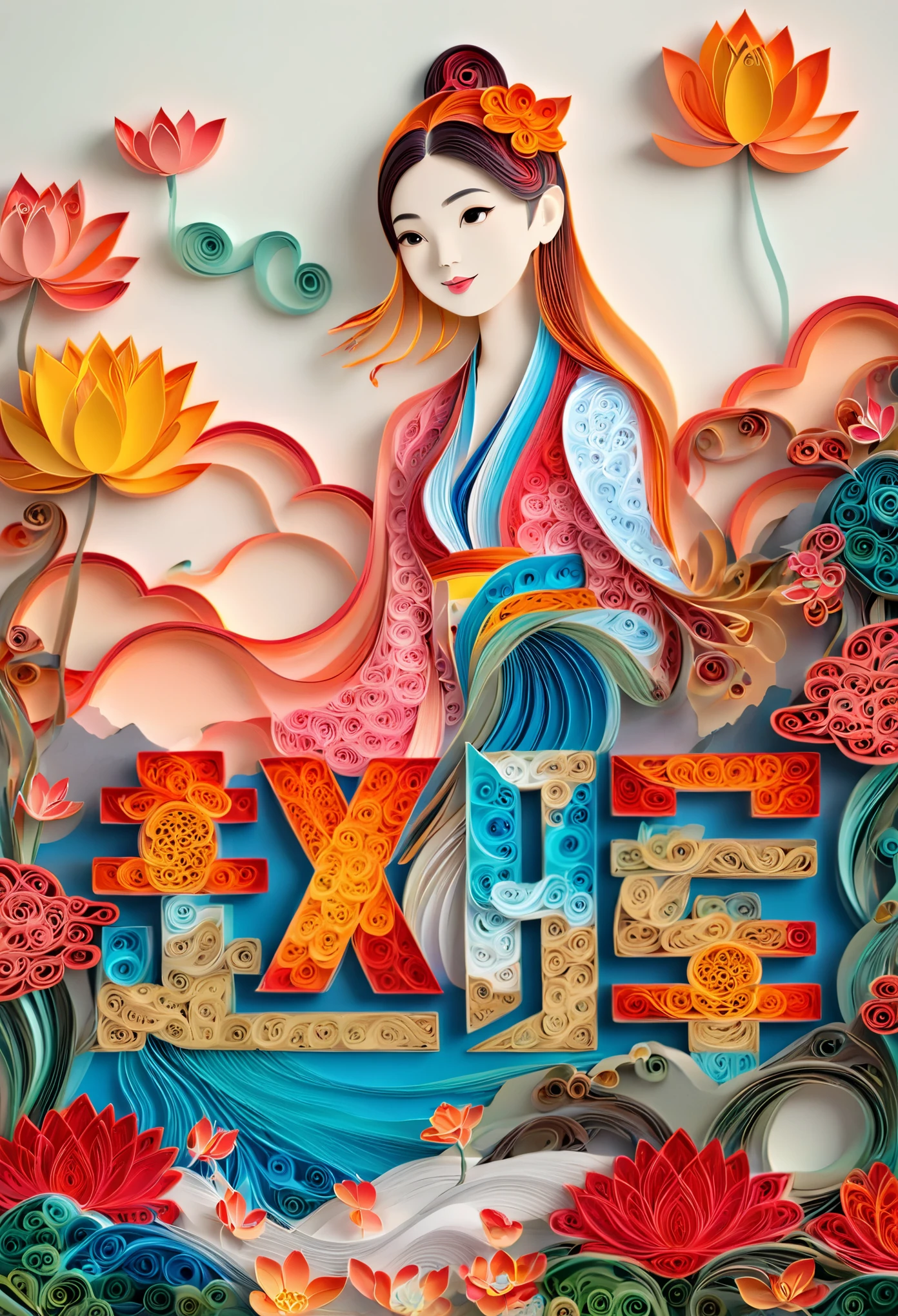 (number art, paper art,layered paper art,paper quilling,paper-cut,paper sculpture)，1 girl,mountains, tree, river，flowers，lotus， (Oriental elements, Chinese color, Advanced color matching),(3D sculpture，Render by Octane，Volumetric light), (Loss of focus, Very colorful, light, chiaroscuro,Ray tracing)