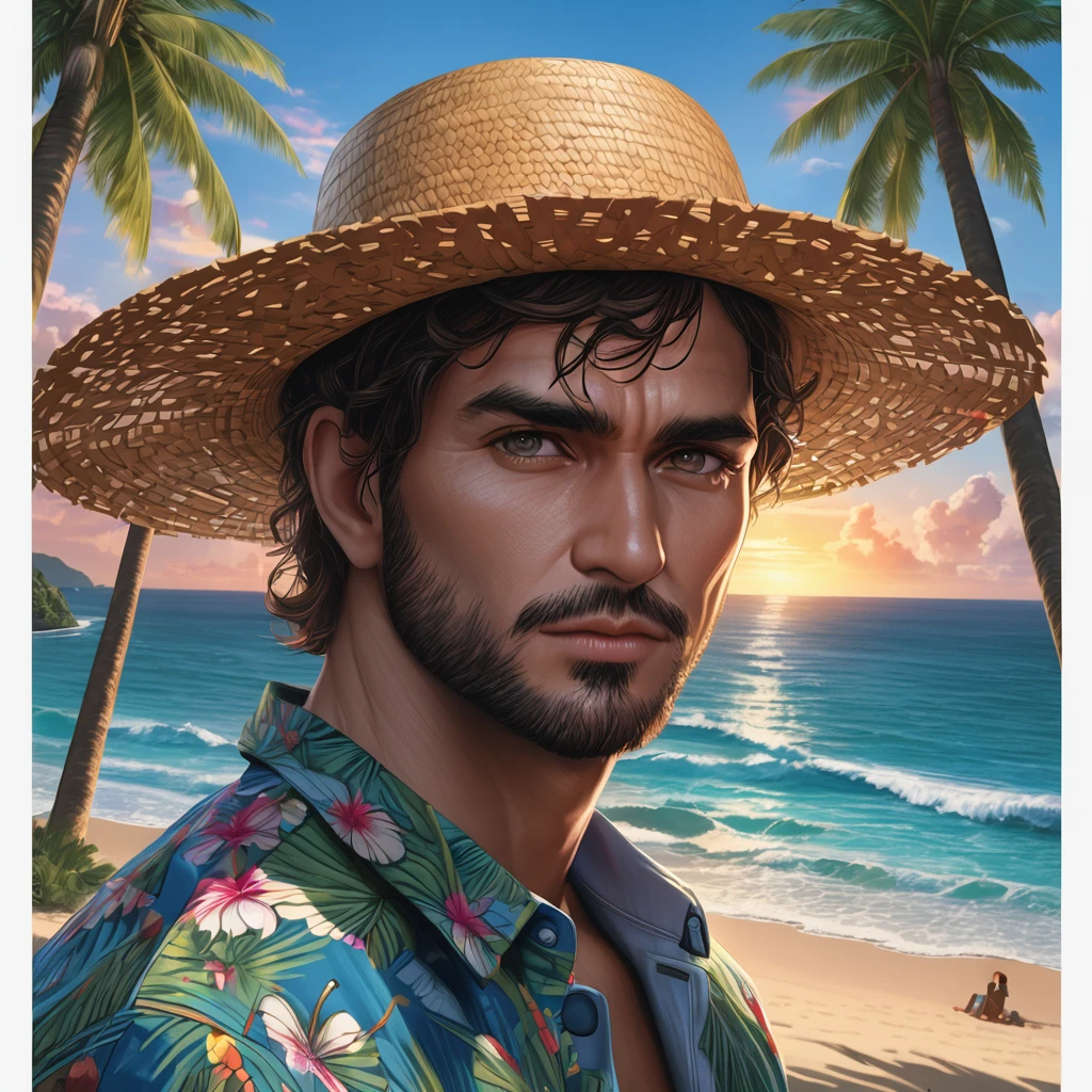 beach parties, aesthetic, extremely detailed, Spiderman, straw hat in the head, drinking a cocktail, sitting in the beach, coconut trees, waves, sands, Hyperrealistic, splash art, concept art, mid shot, intricately detailed, color depth, dramatic, 2/3 face angle, side light, colorful background, (best quality, 4k, 8k, highres, masterpiece:1.2), ultra-detailed, (realistic, photorealistic, photo-realistic:1.37), HDR, UHD, studio lighting, extreme detail description, professional, vivid colors, bokeh, beach, portraits, landscape