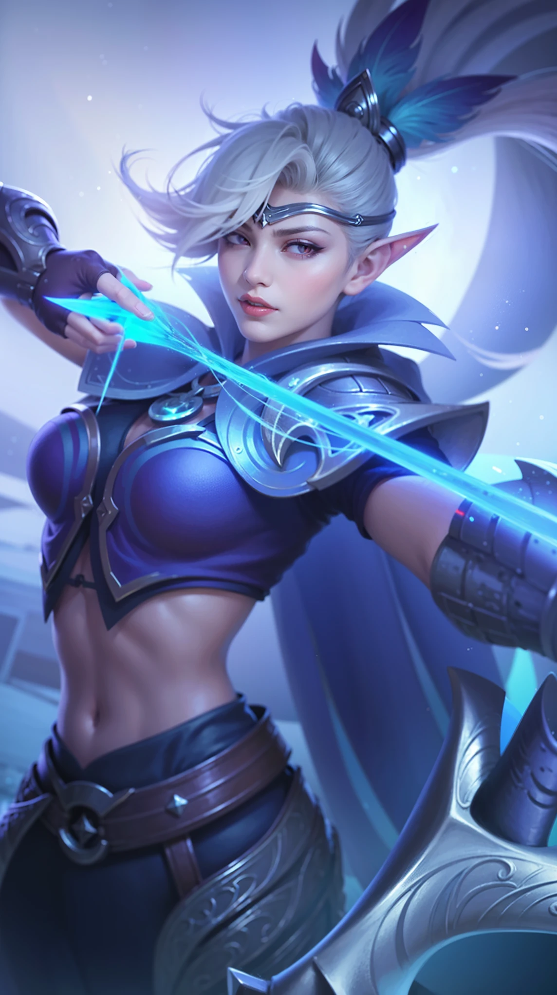 (female:1.2), 8k, ultra hd, ultra detailed texture, hyper realistic, masterpiece, detailed texture, detailed face, detailed skin, detailed lighting, (photorealistic:1.5), best quality, beautiful lighting, cinematic lighting, professional lighting, ultra highres, realistic, detailed hair, real hair, high quality, (realskin:1.5), extremely detailed, finely detail, ultra-detailed, 1girl, solo, elf, pointy ears, standing, demon horns, forehead protector, (red eyes:1.5), v-shapped eyebrow, lips, red lips, evil smile, nose, make up, pretty, beautiful, cute face, long hair, blue hair, high ponytail, large breasts, cleavage, armpit, navel, stomach, black armor, pauldrons, bare shoulders, shoulder armor, thigh high, sleevless, detached sleeves, breastplate, gauntlets, karina \(mobile legends\), depth of field, looking aways, white skin, skin tight, amazing pose, outdoors, glowing, dark view.