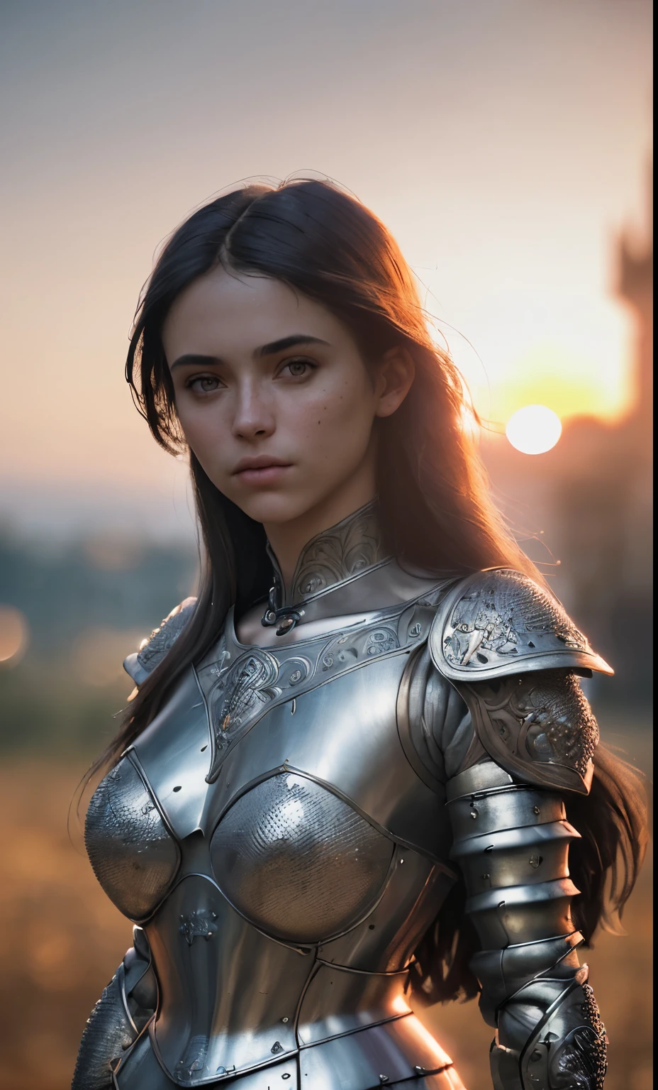 (masterpiece), (extremely intricate:1.3), (realistic), portrait of a girl, the most beautiful in the world, (medieval armor), metal reflections, upper body, outdoors, intense sunlight, far away castle, professional photograph of a stunning woman detailed, sharp focus, dramatic, award winning, cinematic lighting, octane render unreal engine, volumetrics dtx, (film grain, blurry background, blurry foreground, bokeh, depth of field, sunset, motion blur:1.3), chainmail