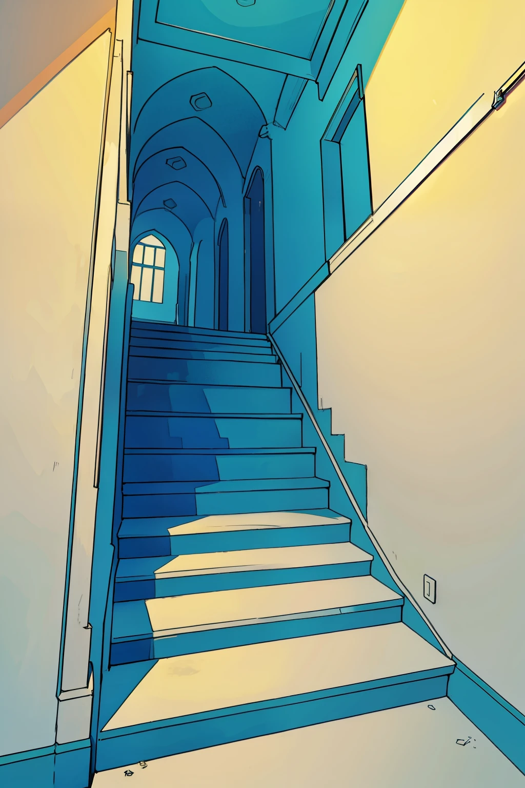 Cartoon style white school walls with intricately drawn textures and details, featuring distinct lines and bold colors. The addition of stairs creates a sense of depth and perspective, with each step meticulously shaded and outlined to enhance the 2D effect.