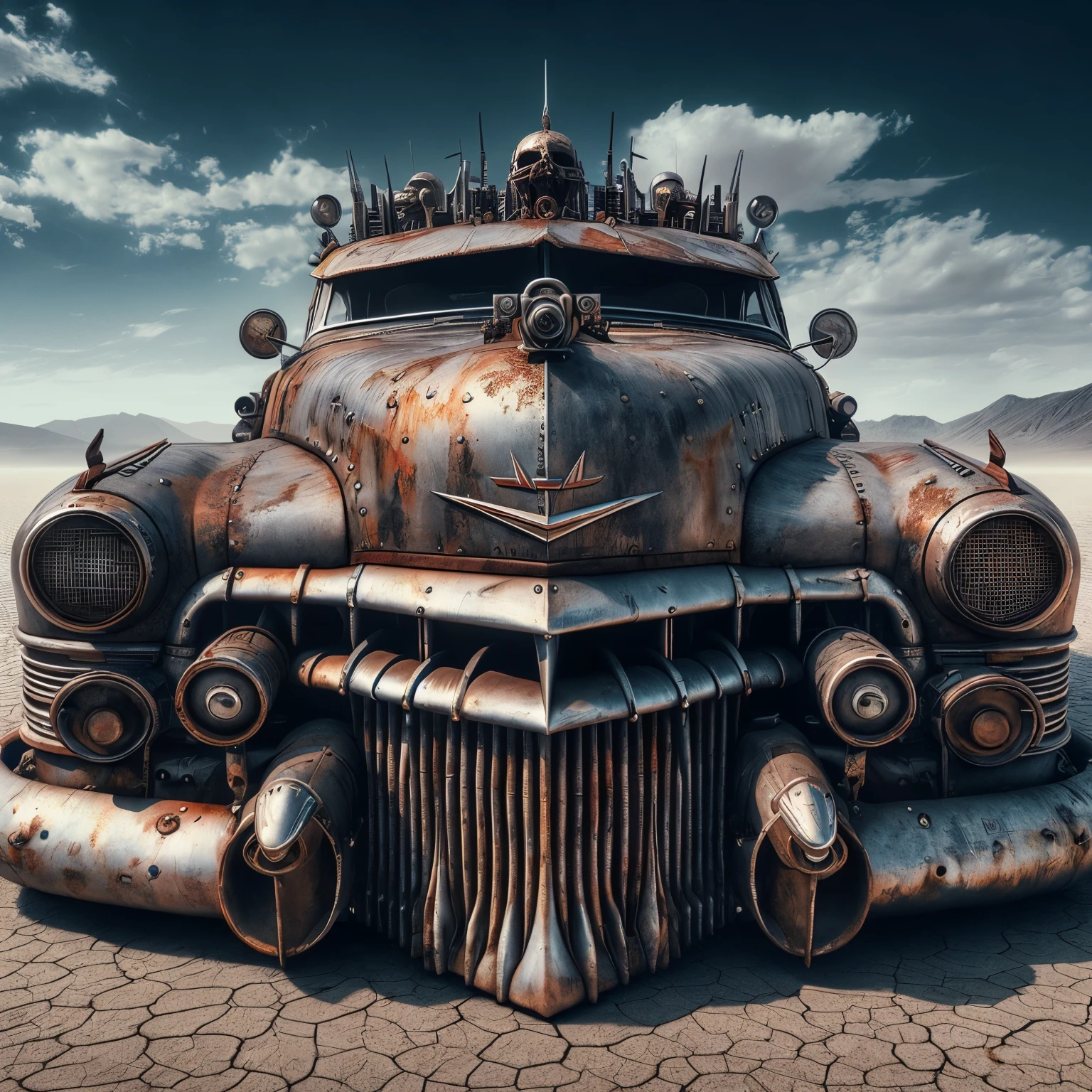 rusty old car with spikes and spikes on the hood, carro steampunk, dramatic art, estilo de arte dieselpunk, apocalyptic road warrior vibe, arte digital surrealista, Mad Max inspirado, heavy metallic artwork, simetria da face cromada, arte steampunk digital, no estilo Mad Max, metallic art, not art style by Filip Hodas, arte digital steampunk, dieselpunk