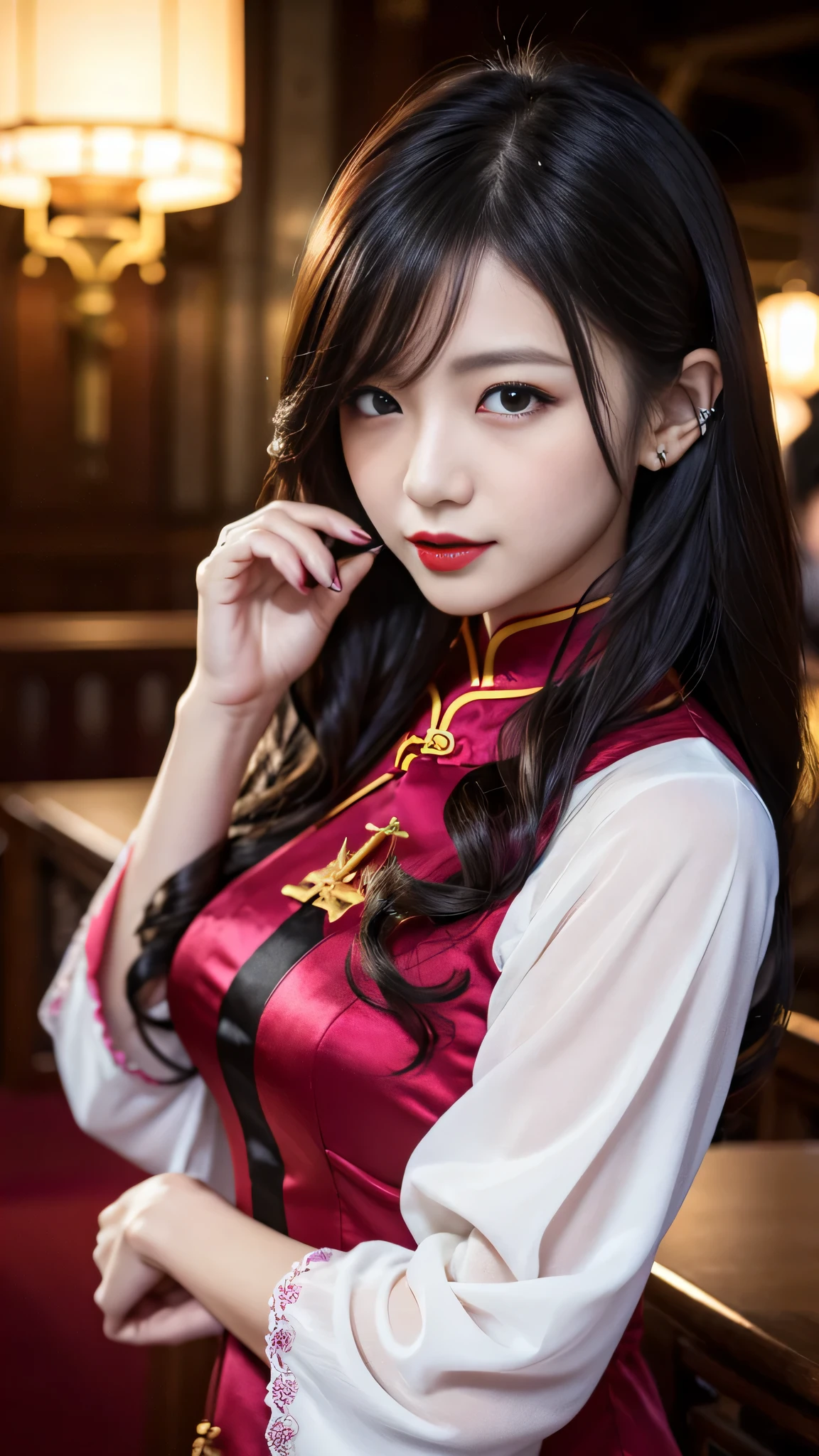 Super detailed、Japanese、charming beauty、seductive adult woman、Beautiful woman、sharp eyes、cool girl、wavy hair、long black cheongsam、wide sleeve、evilの幹部、evil depravity、brainwashing、Mind control、lipstick、grin、evilな表情、evil、empty eyes、evil、church at night、vampire、vampire、Hypnosia makeup brush