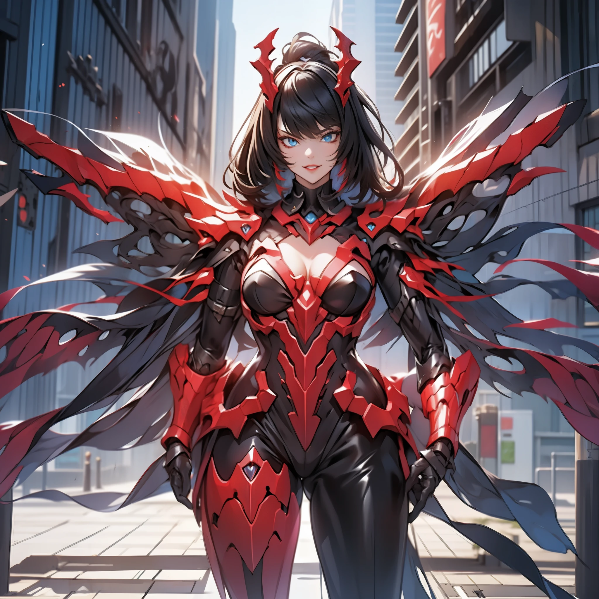 (Masterpiece,Best quality: 1.2),(Ultra-detailed face),(no head gear),Her armor glows red，Neon city lights dance on mechanical surfaces. Complex cybernetics gives her motor power with inhuman speed and force. She silently strode through the lower level, The alleys are bathed in the crimson glow of her futuristic suit. She holds a vibrant longsword in her hand, Its edges are buzzing，plasma, Be prepared to do justice. She is the guardian of the city, Although few people know her name. The criminal whispered rumors of the Crimson Knight, A cybernetically enhanced warrior who swears to protect the innocent. They spoke of her inhumane reaction and her fiery sword that pierced any defenses. How she emerged from the shadows, The blurry red color brings quick judgment. Tonight，Her sensors found that injustice was once again brewing on these lawless streets。. When the city sleeps, Only she is vigilant, Silent sentinels watch. Her cybernetic system began to target the threat，Because she is ready to fight for those who cannot defend themselves. The Crimson Knight is ready, Justice will be dealt with quickly tonight.Oversized breasts（1.9）