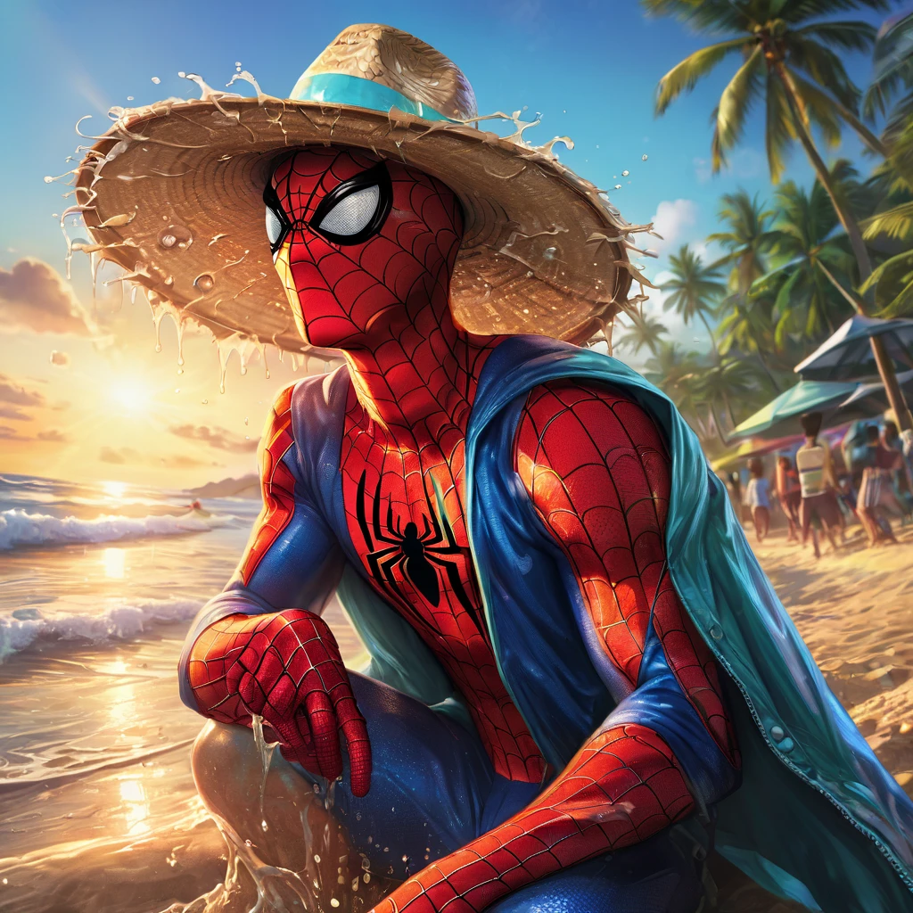 beach parties, aesthetic, extremely detailed, Spiderman, straw hat in the head, drinking a cocktail, sitting in the beach, coconut trees, waves, sands, Hyperrealistic, splash art, concept art, mid shot, intricately detailed, color depth, dramatic, 2/3 face angle, side light, colorful background, (best quality, 4k, 8k, highres, masterpiece:1.2), ultra-detailed, (realistic, photorealistic, photo-realistic:1.37), HDR, UHD, studio lighting, extreme detail description, professional, vivid colors, bokeh, beach, portraits, landscape