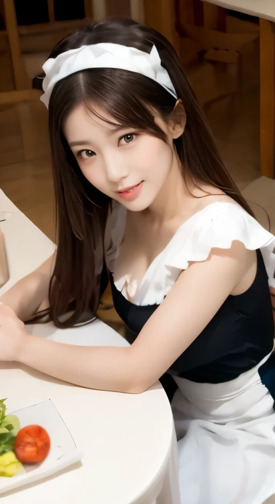 table top, highest quality, figure, super detailed, finely, High resolution, 8k wallpaper, 完璧なダイナミックな構figure, ((close:1.3, From above, looking at the viewer)), detailed and beautiful eyes , (wearing cotton maid costume, , cute ruffle girl dress, maid headband, Color base is black and white blue),straight long hair,very affectionate smile:1.2,big breasts:1.2,