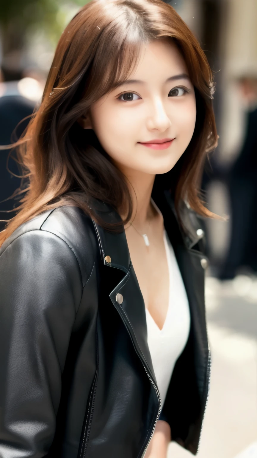 best quality, ultra-high resolution, real, photorealistic, 8K, BREAK, a Japanese woman, cute, young, full body, full body, BREAK, detailed hair, long and light brown hair, detailed eyes, detailed skin, white skin, blushing cheeks, detailed lips, smile, drunk, BREAK, highly-detailed clothings, leather jacket, a necklace, BREAK, (detailed background, detailed car, a Lamborghini in the back:1.5, in a street), natural lighting
