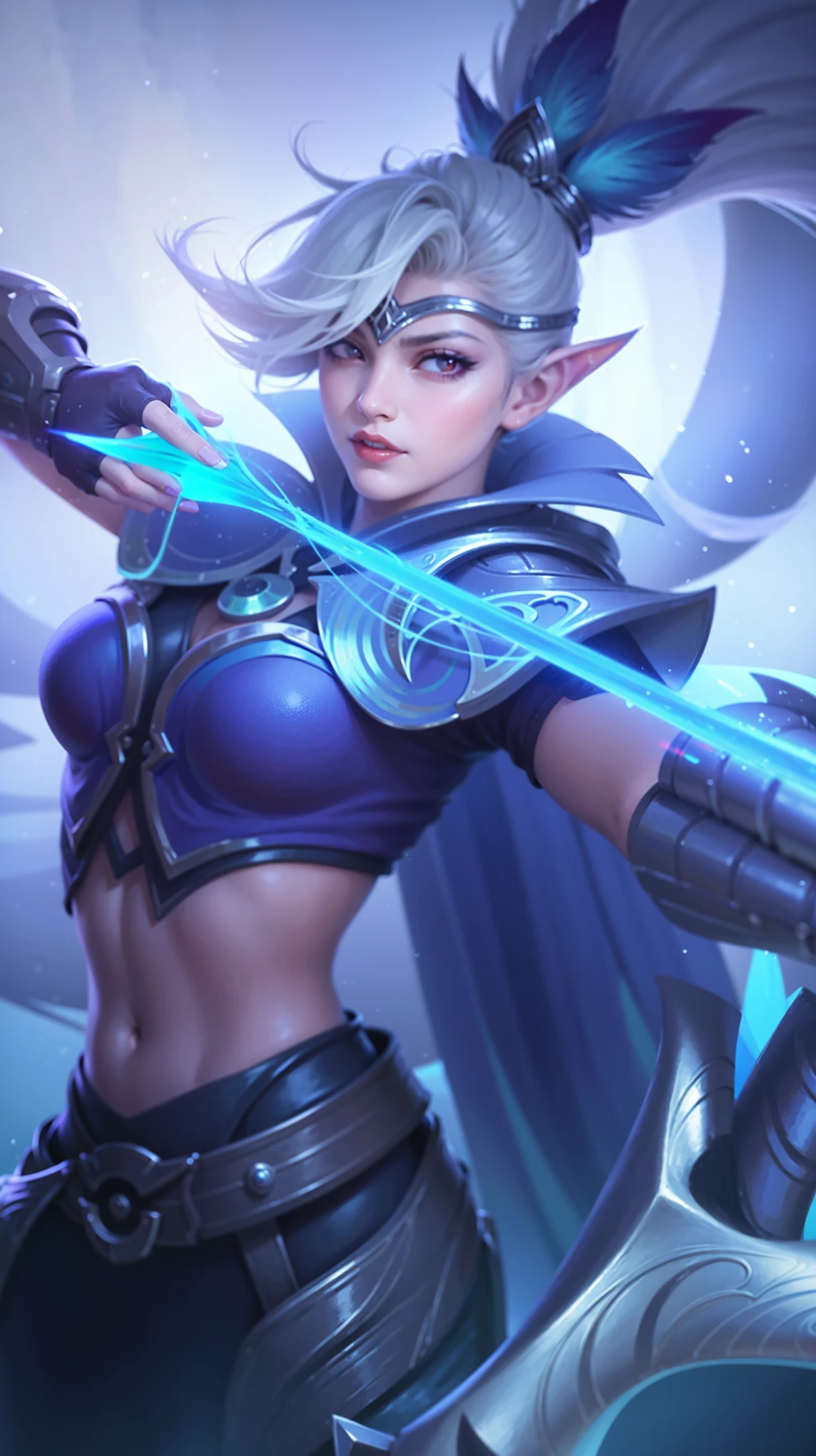 (female:1.2), 8k, ultra hd, ultra detailed texture, hyper realistic, masterpiece, detailed texture, detailed face, detailed skin, detailed lighting, (photorealistic:1.5), best quality, beautiful lighting, cinematic lighting, professional lighting, ultra highres, realistic, detailed hair, real hair, high quality, (realskin:1.5), extremely detailed, finely detail, ultra-detailed, 1girl, solo, elf, pointy ears, standing, demon horns, forehead protector, (red eyes:1.5), v-shapped eyebrow, lips, red lips, evil smile, nose, make up, pretty, beautiful, cute face, long hair, blue hair, high ponytail, large breasts, cleavage, armpit, navel, stomach, black armor, pauldrons, bare shoulders, shoulder armor, thigh high, sleevless, detached sleeves, breastplate, gauntlets, karina \(mobile legends\), depth of field, looking aways, white skin, skin tight, amazing pose, outdoors, glowing, dark view.