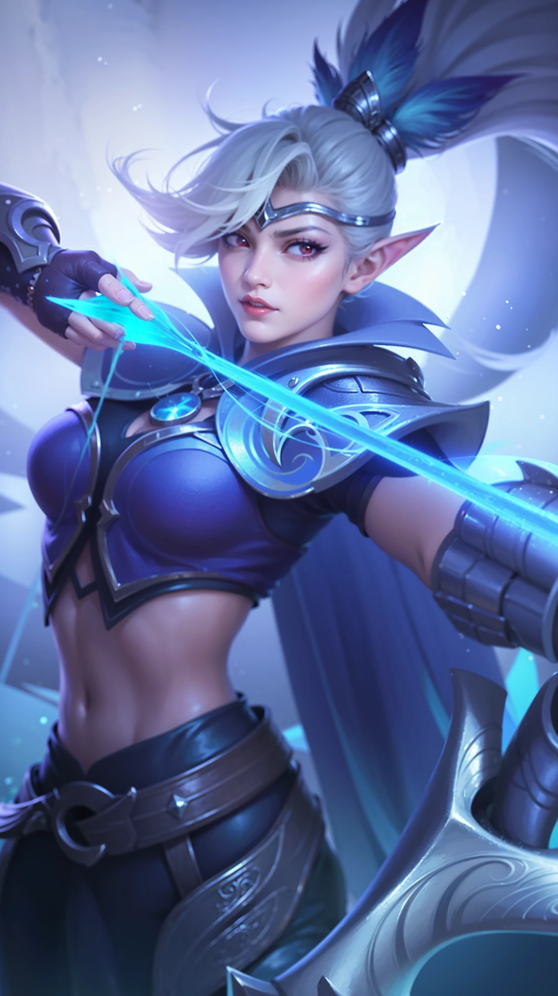 (female:1.2), 8k, ultra hd, ultra detailed texture, hyper realistic, masterpiece, detailed texture, detailed face, detailed skin, detailed lighting, (photorealistic:1.5), best quality, beautiful lighting, cinematic lighting, professional lighting, ultra highres, realistic, detailed hair, real hair, high quality, (realskin:1.5), extremely detailed, finely detail, ultra-detailed, 1girl, solo, elf, pointy ears, standing, demon horns, forehead protector, (red eyes:1.5), v-shapped eyebrow, lips, red lips, evil smile, nose, make up, pretty, beautiful, cute face, long hair, blue hair, high ponytail, large breasts, cleavage, armpit, navel, stomach, black armor, pauldrons, bare shoulders, shoulder armor, thigh high, sleevless, detached sleeves, breastplate, gauntlets, karina \(mobile legends\), depth of field, looking aways, white skin, skin tight, amazing pose, outdoors, glowing, dark view.