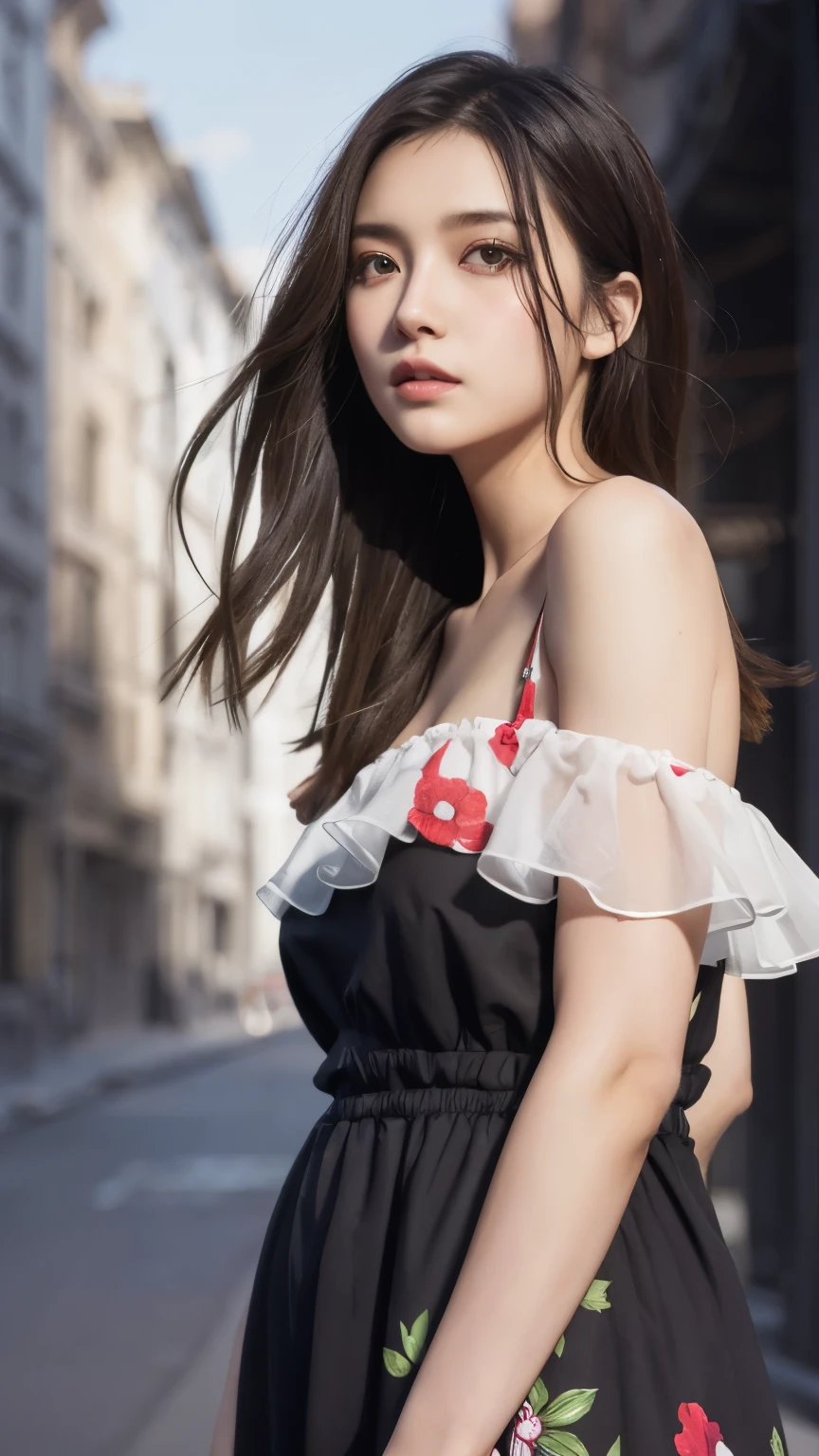 (best quality,8k,ultra-detailed:1.2),gorgeous detailed eyes,beautiful long black hair,unique eye color,pocket hands,gazing at others,digital painting,anatomically correct,makoto shinkai style,colorful floral patterned dress,concept art,vivid imagery, colourful flowers background, cowboy shot