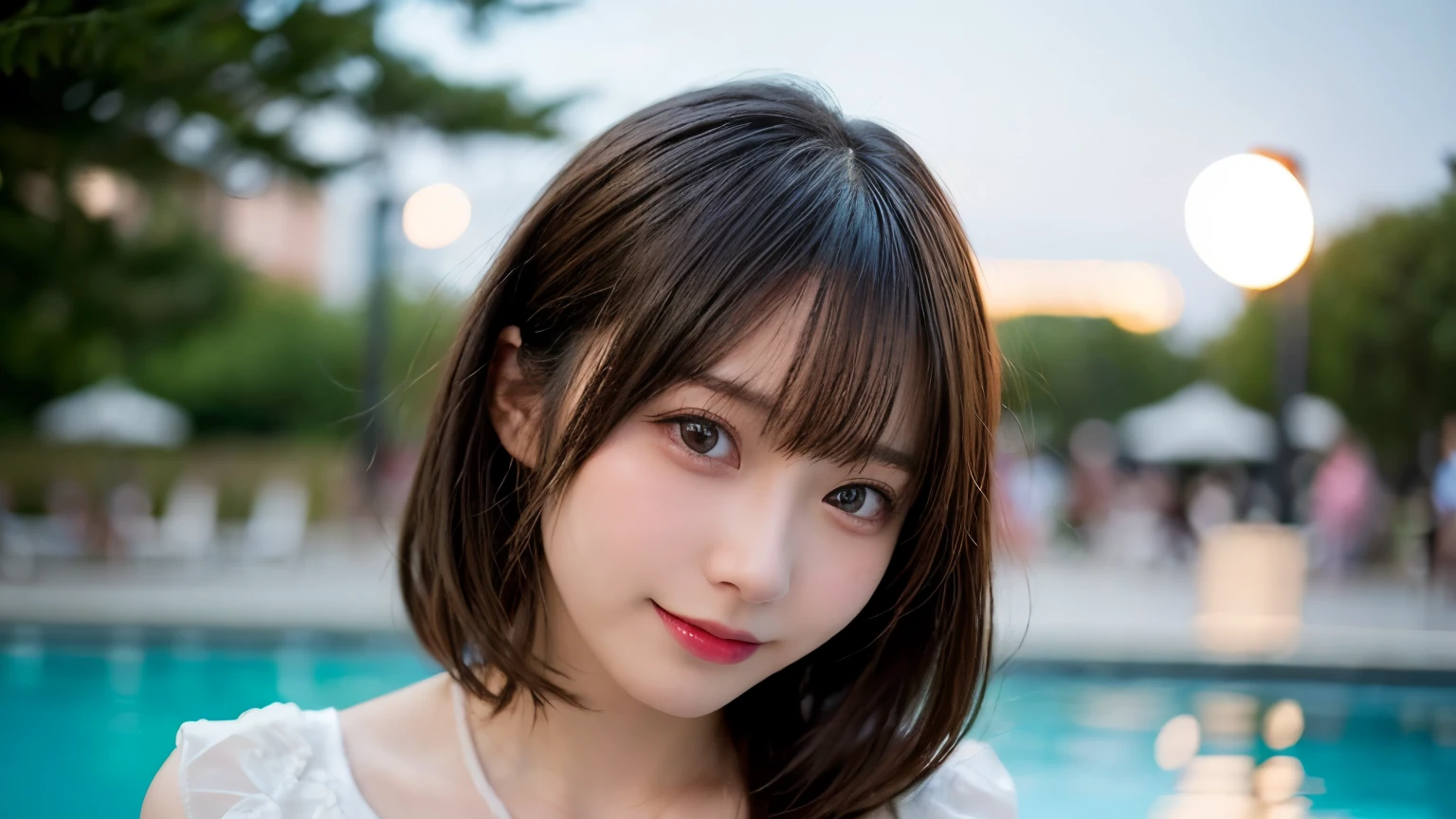table top, highest quality, shape, Super detailed, finely, High resolution, 8k wallpaper, 完璧なダイナミックな構shape, head straight、don't tilt your head、finelyて美しい目, wearing a white dress,Bust up composition、medium hair,natural color lip, smile,Harajuku、age girl、cute、looking at the camera、C cup、brown hair、Blurred night pool background