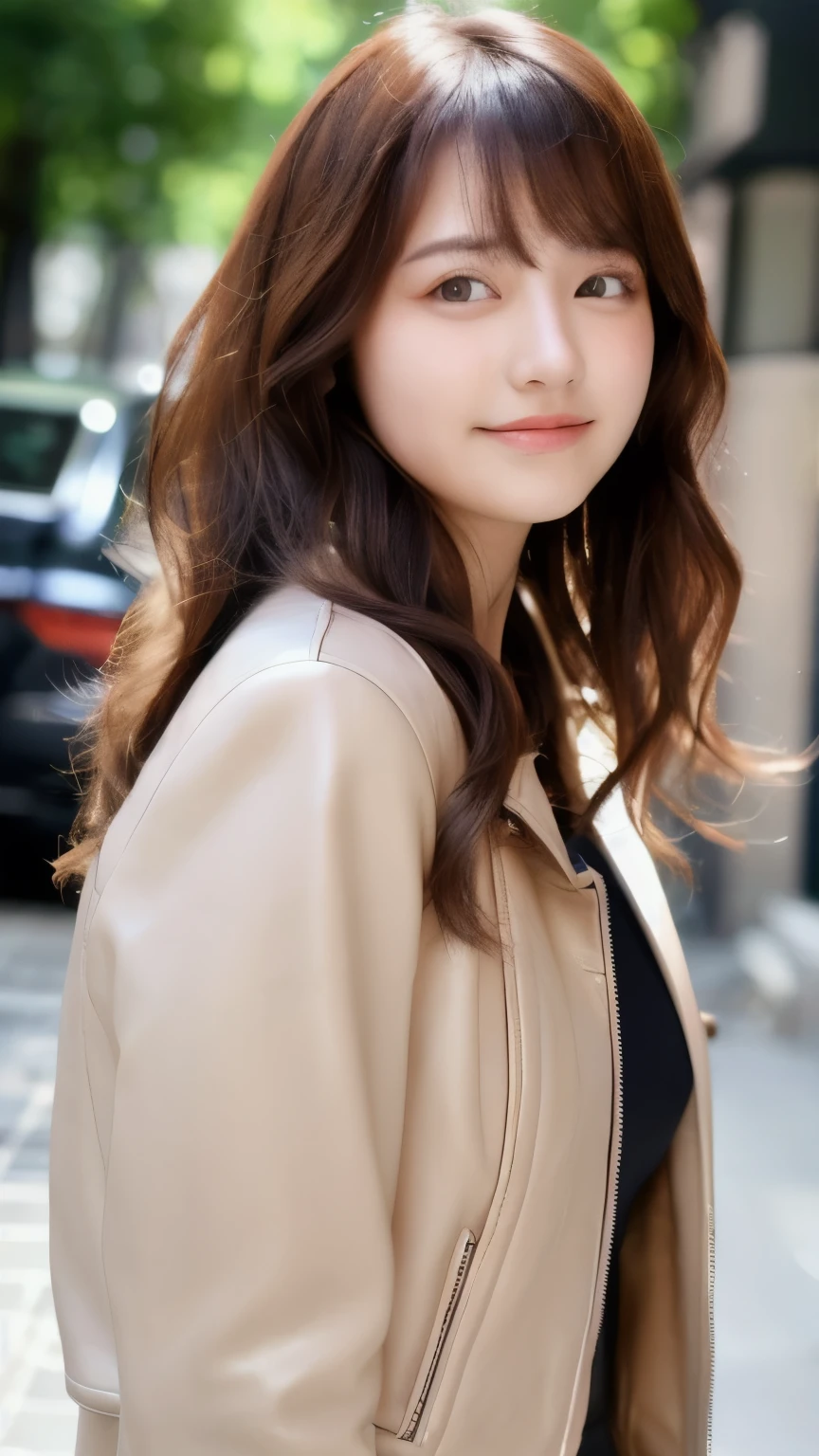 best quality, ultra-high resolution, real, photorealistic, 8K, BREAK, a Japanese woman, cute, young, full body, full body, BREAK, detailed hair, long and light brown hair, detailed eyes, detailed skin, white skin, blushing cheeks, detailed lips, smile, drunk, BREAK, highly-detailed clothings, leather jacket, a necklace, BREAK, (detailed background, detailed car, a Lamborghini in the back:1.5, in a street), natural lighting