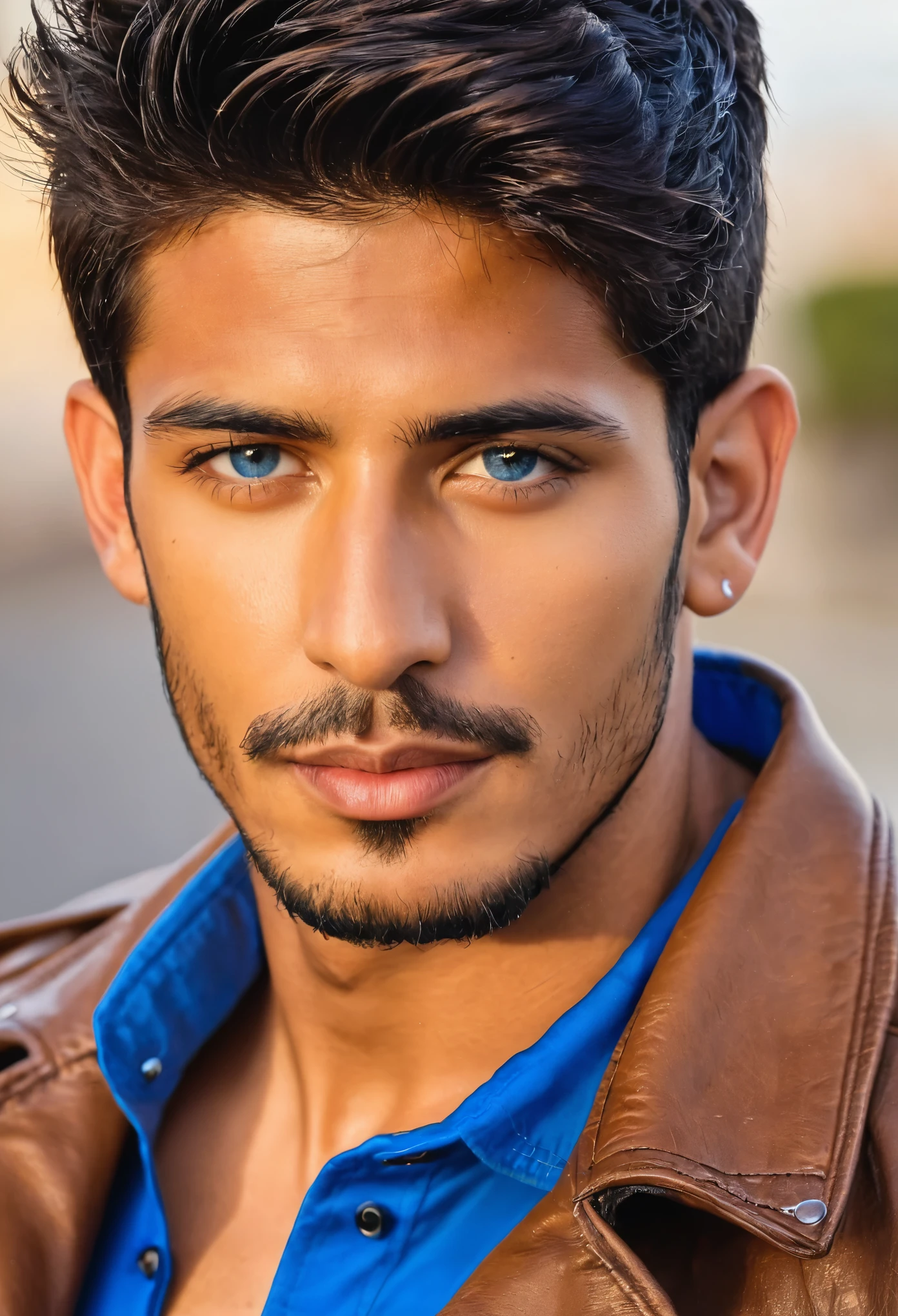 Hombre de raza mixta, piel clara, ojos marrones claros,guapo, de alta calidad, con cabello corto, vistiendo una camisa azul con mangas largas y una chaqueta negra