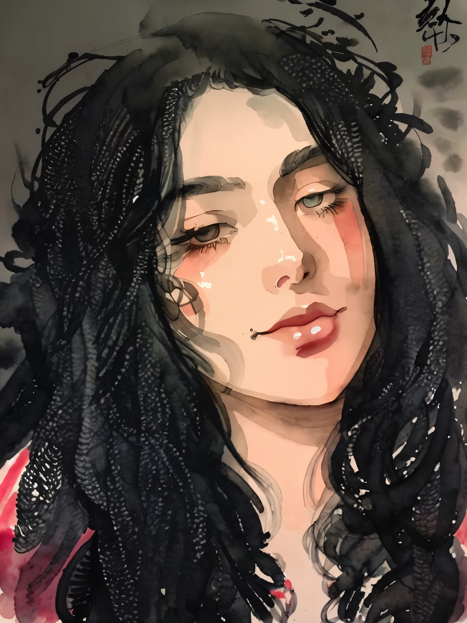 black and white tones:1.3, masterpiece, best quality, tradition chinese ink watercolor paintings:1.2, use thick and light inks to create light and dark changes and layers, a beautiful 20s girl, ultra detailed face