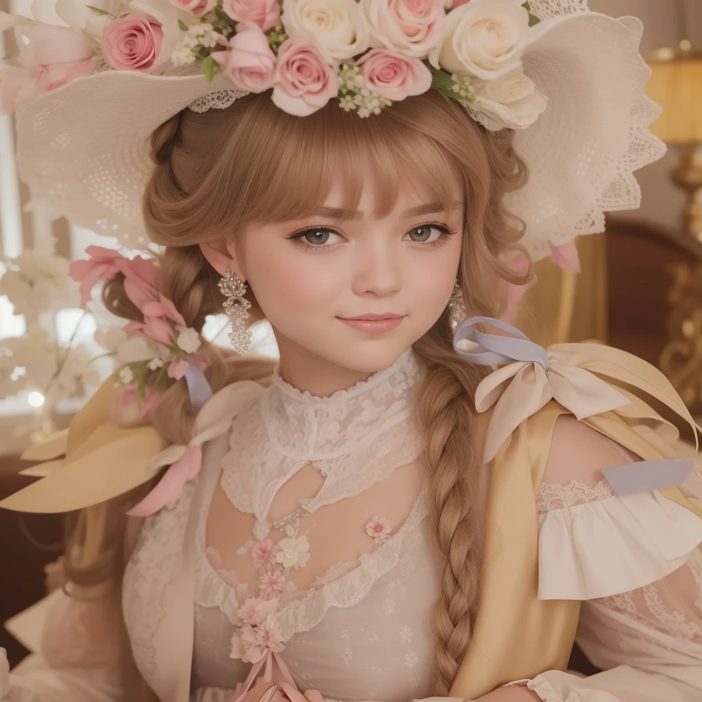 there is a woman wearing a dress and a hat with flowers on it, rococo style portrait, dress in the style of rococo, rococo queen, rococo portrait, victorian style costume, young victorian sad fancy lady, portrait of magical ta girl, rococo fashion, # rococo, rococo style, in a high renaissance style, naked top