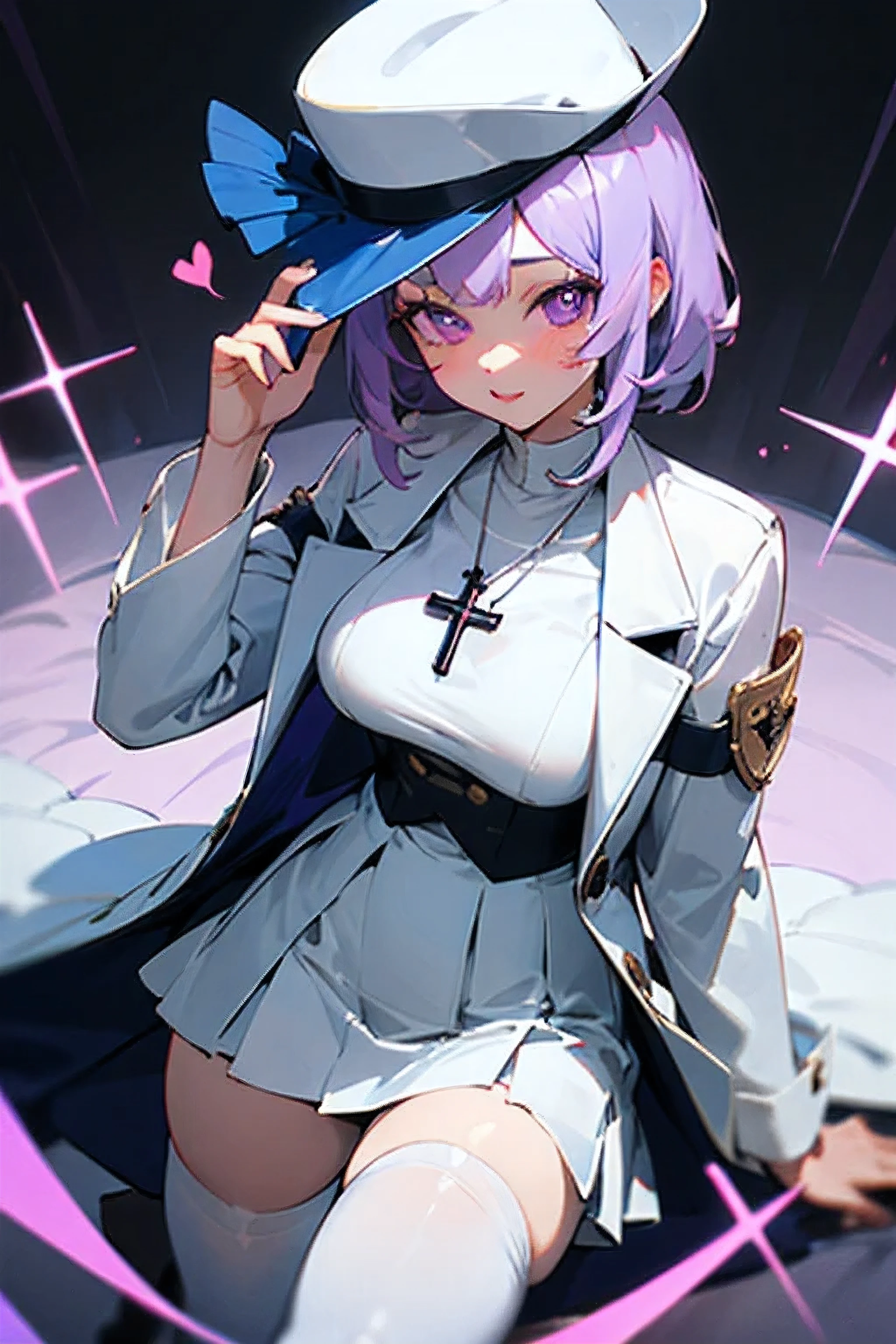 masterpiece, best quality, ultra-detailed, best quality, 1girl, purple eyes, heart shaped pupils, light lavender hair, big breasts, white long sleeve formal shirt , White jacket, white short skirt, white thigh stockings, cross necklace, small white hat with blue strip, sexy