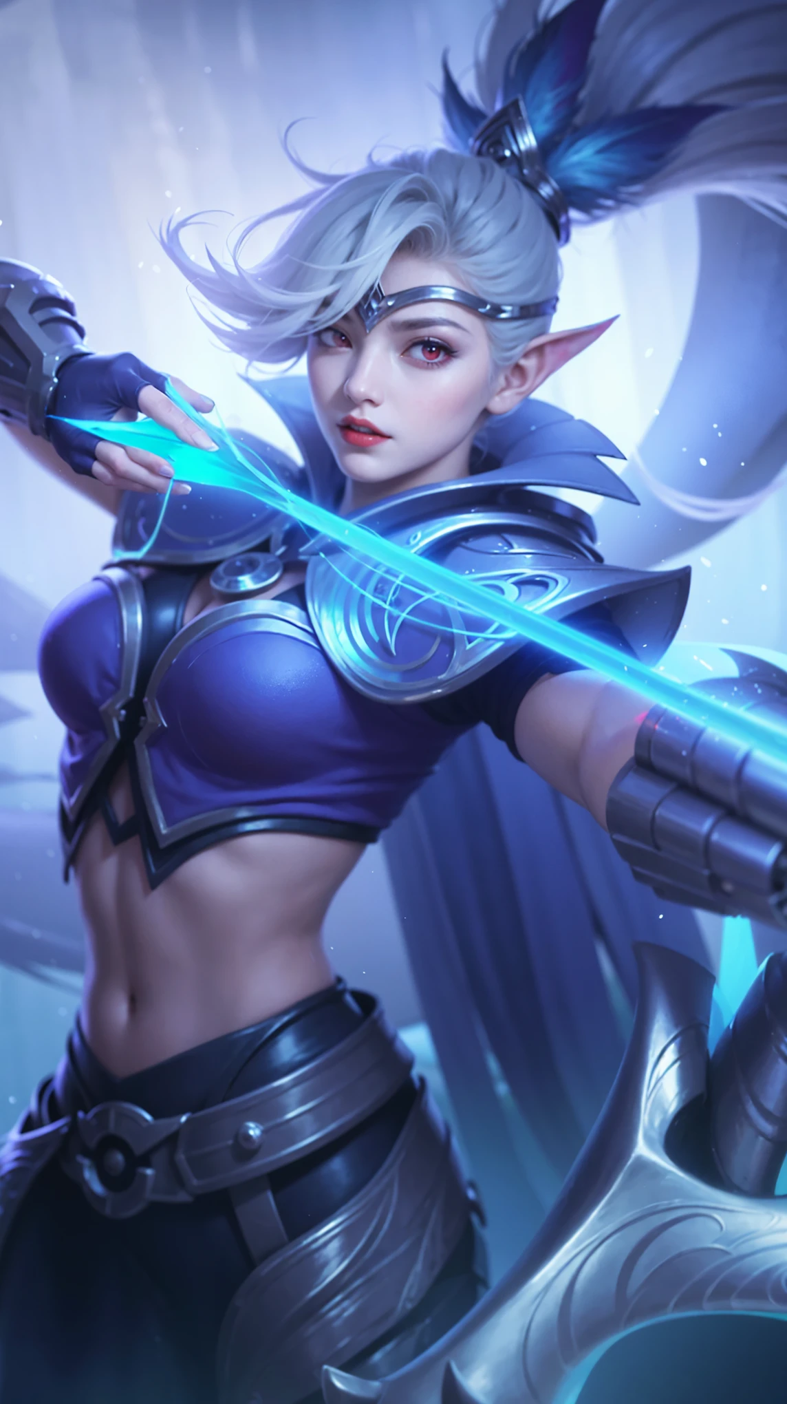 (female:1.2), 8k, ultra hd, ultra detailed texture, hyper realistic, masterpiece, detailed texture, detailed face, detailed skin, detailed lighting, (photorealistic:1.5), best quality, beautiful lighting, cinematic lighting, professional lighting, ultra highres, realistic, detailed hair, real hair, high quality, (realskin:1.5), extremely detailed, finely detail, ultra-detailed, 1girl, solo, elf, pointy ears, standing, demon horns, forehead protector, (red eyes:1.5), v-shapped eyebrow, lips, red lips, evil smile, nose, make up, pretty, beautiful, cute face, long hair, blue hair, high ponytail, large breasts, cleavage, armpit, navel, stomach, black armor, pauldrons, bare shoulders, shoulder armor, thigh high, sleevless, detached sleeves, breastplate, gauntlets, karina \(mobile legends\), depth of field, looking aways, white skin, skin tight, amazing pose, outdoors, glowing, dark view