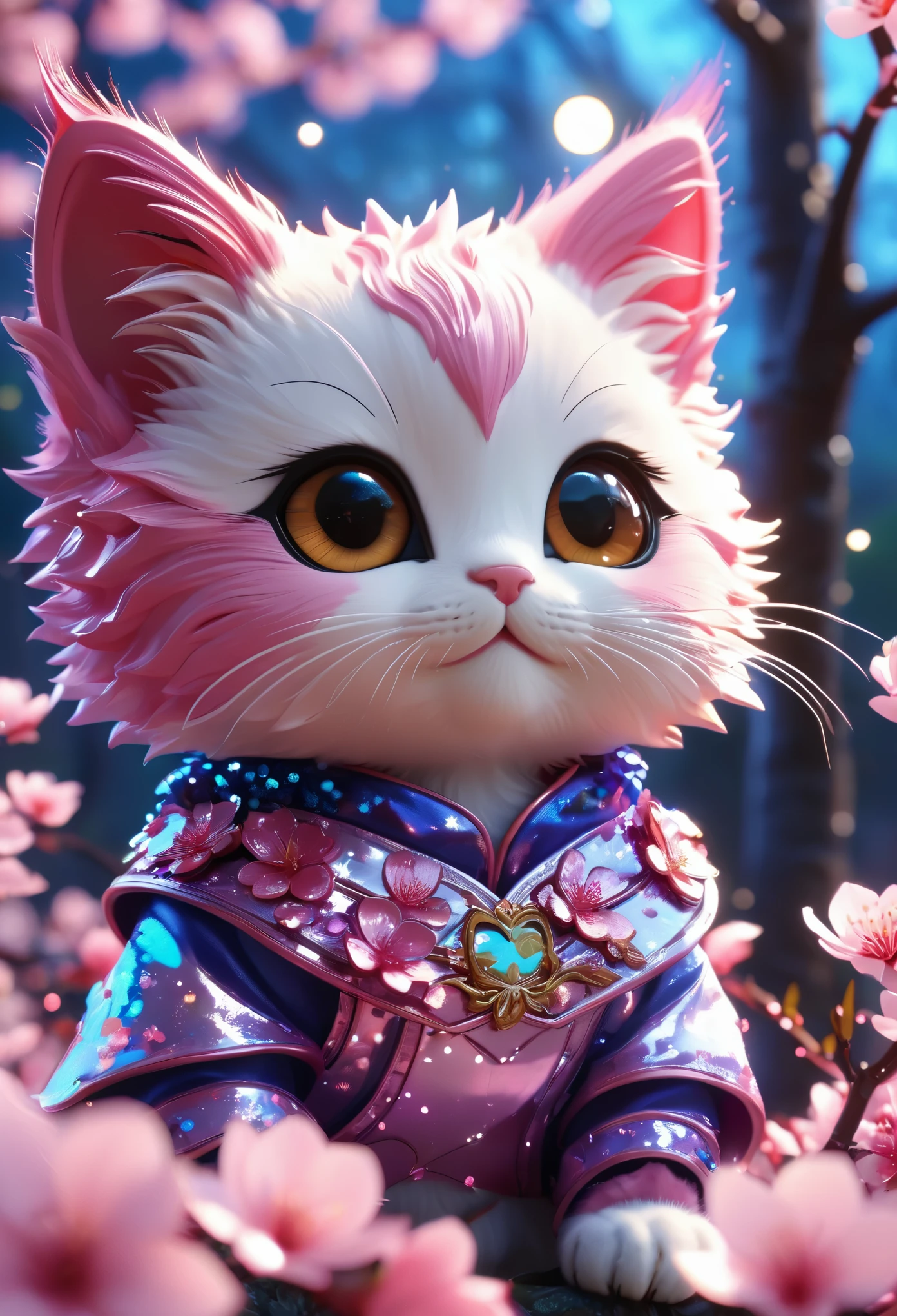 Side view, supersaturation, colorfully, fairy tale, dream-like, cinematic character rendering, oil, 3D, 8K resolution, sequins, Sparkling, cherry blossom forest, moonlight, Closeup portrait of adorable chibi cute anthropomorphic kitten king, fine eyes, large, round reflective eyes, 