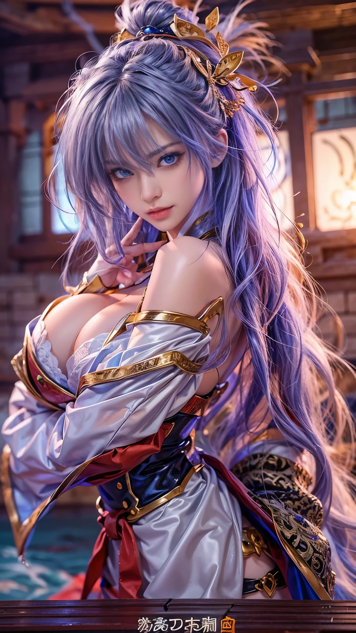 (RAW shooting, Photoreal:1.5, 8k, highest quality, masterpiece, ultra high resolution), perfect dynamic composition:1.2, Fight:1.2, Sengoku, fire事, いたるところで燃え上がる戦fire:1.3, Highly detailed skin and facial textures:1.2, Slim female kunoichi with a sharp dagger:1.3, beautiful and aesthetic:1.2, sexy beauty, perfect style, wear elaborate rings, fire, water, Wind, thunder, ice, Fair skin, very beautiful face, (Medium chest, Chest gap), (embarrassing smile, The expression on your face when you feel intense caress, Facial expression when feeling pleasure), (Wearing a sexy kunoichi costume:1.2, off shoulder:1.1), (beautiful blue eyes, Eyes that feel beautiful eros:0.8), (Too erotic:0.9, Bewitching:0.9), full body shot