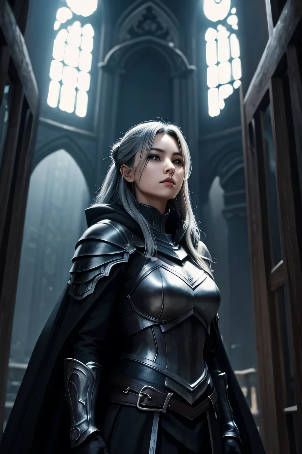 Black iron armor、black cloak、Beautiful muscular female dark knight、silver hair upstyle、((whole body))、(((photo taken from below)))、darkness