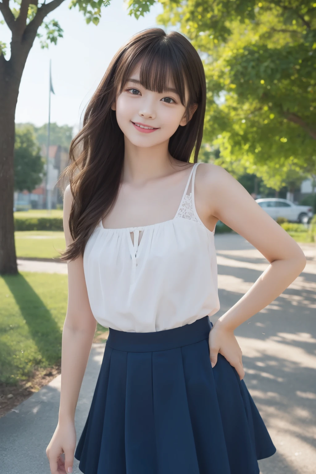 4K, LDR, best quality, masterpiece, high detail, super high resolution, digital photography, bangs, film lighting, (Fujifilm color:1.2) portrait, wide angle view, professional, (photography: 1.2), (dynamic pose: 1.1), (close up), 1 girl, solo, slightly smiling, delicate face, medium breasts, wide hips, classic wavy long hair, (FSB:1.4), (Frosuke: 1.4), white shirt, ((BREAK black bra)),bow, navy blue pleated skirt, school uniform, school bag, short sleeves, bangs, outdoor, sky, collared shirt, collarbone, blurred background, look to the side, sky, dress shirt, blue sky, clouds