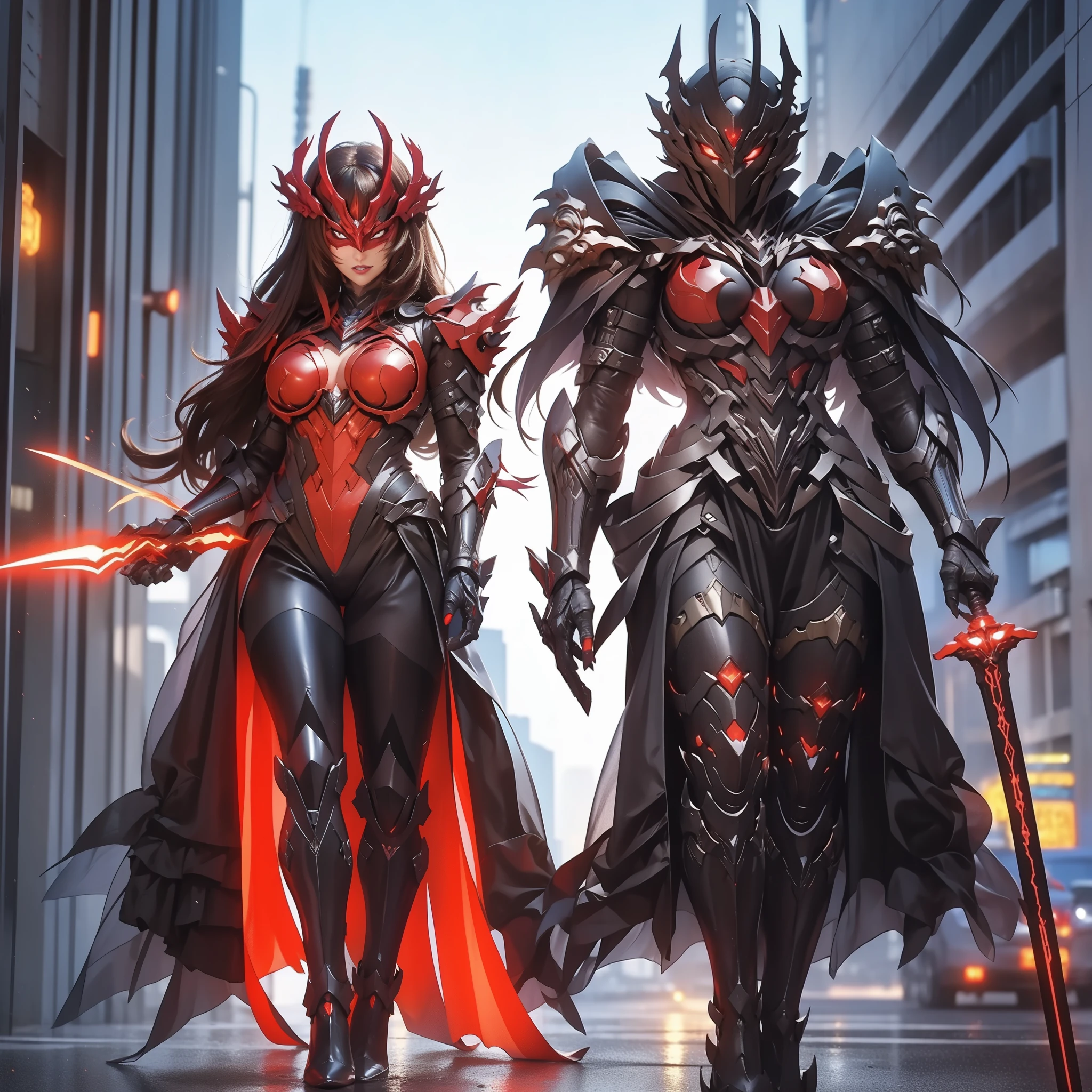 (Masterpiece,Best quality: 1.2),(Ultra-detailed face),(no head gear),Her armor glows red，Neon city lights dance on mechanical surfaces. Complex cybernetics gives her motor power with inhuman speed and force. She silently strode through the lower level, The alleys are bathed in the crimson glow of her futuristic suit. She holds a vibrant longsword in her hand, Its edges are buzzing，plasma, Be prepared to do justice. She is the guardian of the city, Although few people know her name. The criminal whispered rumors of the Crimson Knight, A cybernetically enhanced warrior who swears to protect the innocent. They spoke of her inhumane reaction and her fiery sword that pierced any defenses. How she emerged from the shadows, The blurry red color brings quick judgment. Tonight，Her sensors found that injustice was once again brewing on these lawless streets。. When the city sleeps, Only she is vigilant, Silent sentinels watch. Her cybernetic system began to target the threat，Because she is ready to fight for those who cannot defend themselves. The Crimson Knight is ready, Justice will be dealt with quickly tonight.Oversized breasts（1.9）