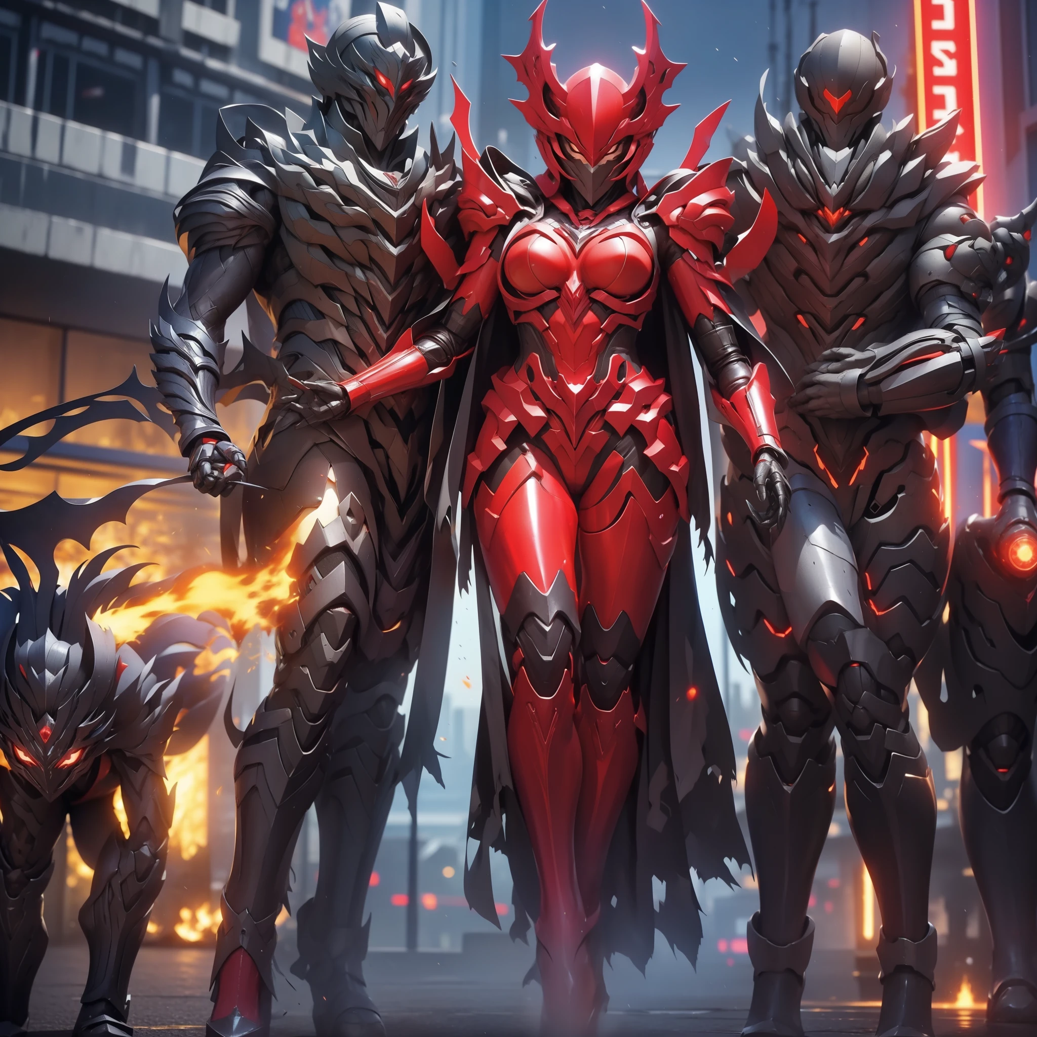 (Masterpiece,Best quality: 1.2),(Ultra-detailed face),(no head gear),Her armor glows red，Neon city lights dance on mechanical surfaces. Complex cybernetics gives her motor power with inhuman speed and force. She silently strode through the lower level, The alleys are bathed in the crimson glow of her futuristic suit. She holds a vibrant longsword in her hand, Its edges are buzzing，plasma, Be prepared to do justice. She is the guardian of the city, Although few people know her name. The criminal whispered rumors of the Crimson Knight, A cybernetically enhanced warrior who swears to protect the innocent. They spoke of her inhumane reaction and her fiery sword that pierced any defenses. How she emerged from the shadows, The blurry red color brings quick judgment. Tonight，Her sensors found that injustice was once again brewing on these lawless streets。. When the city sleeps, Only she is vigilant, Silent sentinels watch. Her cybernetic system began to target the threat，Because she is ready to fight for those who cannot defend themselves. The Crimson Knight is ready, Justice will be dealt with quickly tonight.Oversized breasts（1.9）