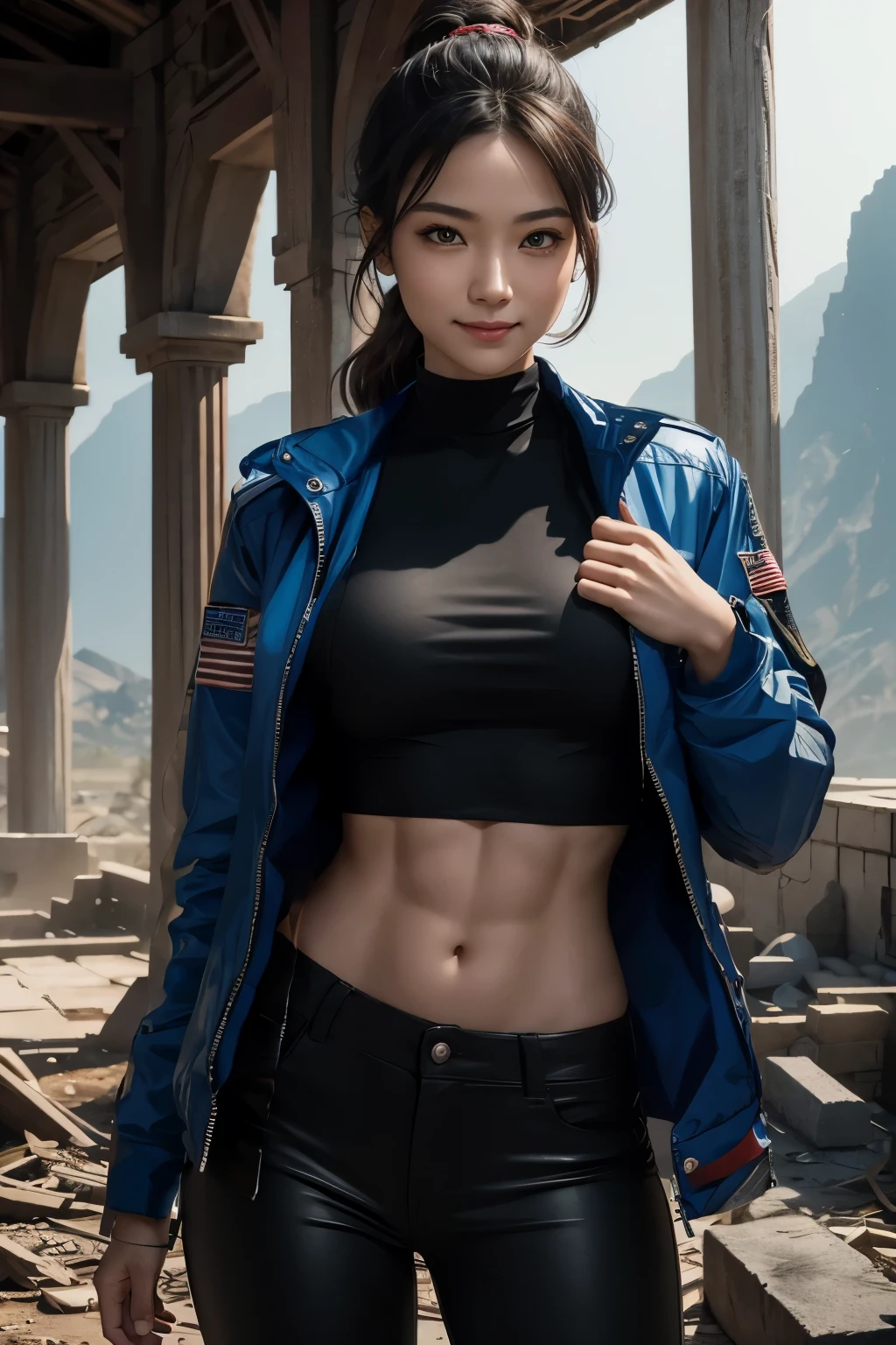 8k,twin sisters,super beautiful(like the real thing),My older sister is cool and short and has very big breasts.,lean muscular body,sexy,Crisp narrow eyes,black eye,cool smile,black long perm,black jeans,compensate,super realistic skin,my sister has small breastsの高身長で筋肉質です, muscular slim body,Severely cracked abdominal muscles,Big eyes,black eye,light brown hair ponytail,派手なcompensate,blue jeans,A bold smile,masterpiece,Photorealistic RAW photos of the highest quality。bright colors,rich colors, Backlight, cinematic lighting, film grain, to be born, 50mm lens, Nikon D850,detailed character art,fantasy art,ultra high resolution,super realistic skin,perfect hand shape,In front of an abandoned temple,beautiful expression,Close-up,beautiful sisters(like the real thing),Makeup,my sister is short,my sister is tall,My sister is wearing a black shirt and a blue combat jacket.,My sister has a slender body and very big breasts.,My sister is wearing a white shirt and a long blue jacket.,my sister has small breasts,