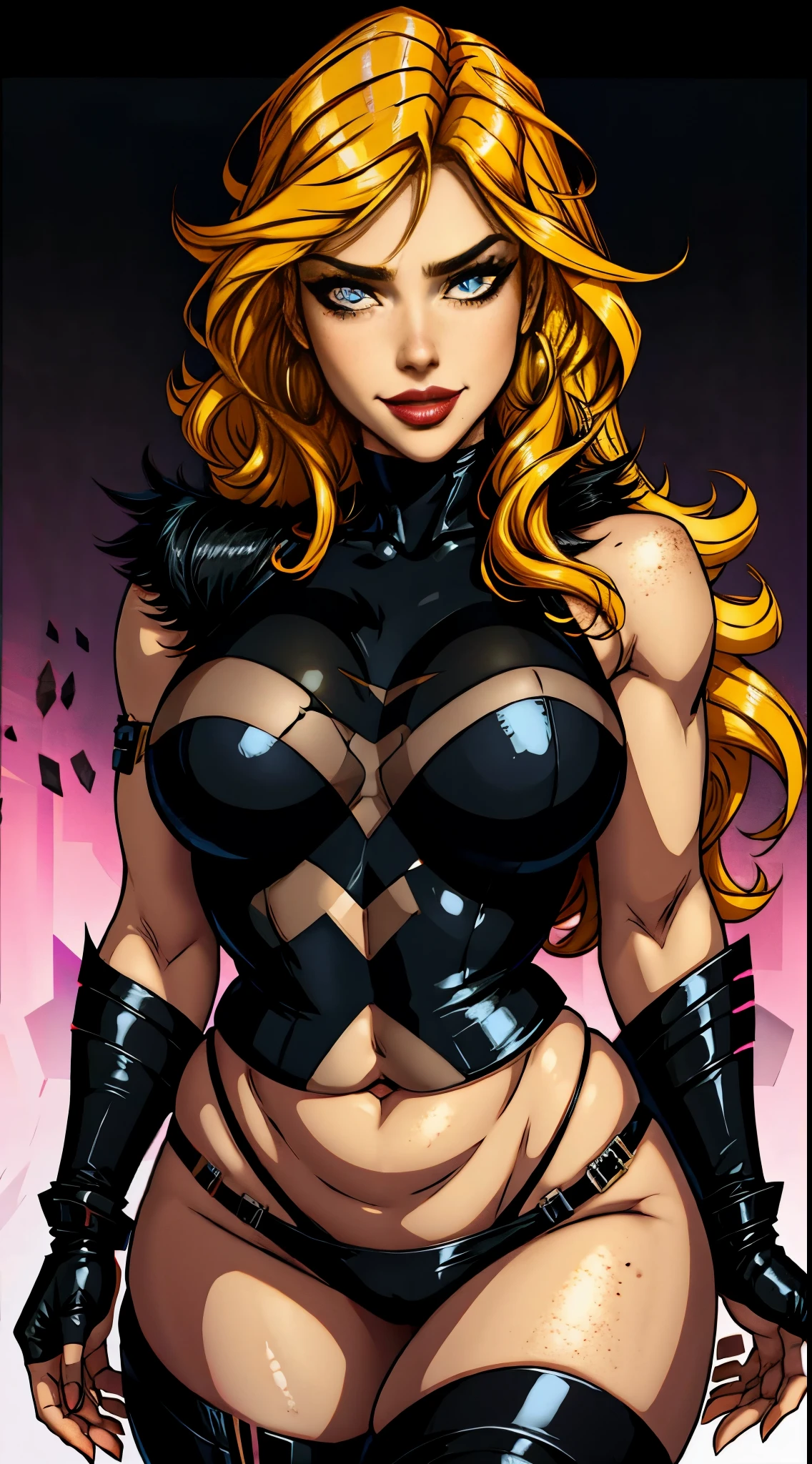 Sexy hermaphrodite, plump pursed lips, freckles, long curly black and yellow hair with bangs, crystal blue eyes with smoky eye shadow and black eyeliner, black semi-matte lipstick, dark skin, flirty smug smile, large intersex genital bulge, fit body, large plump breasts
