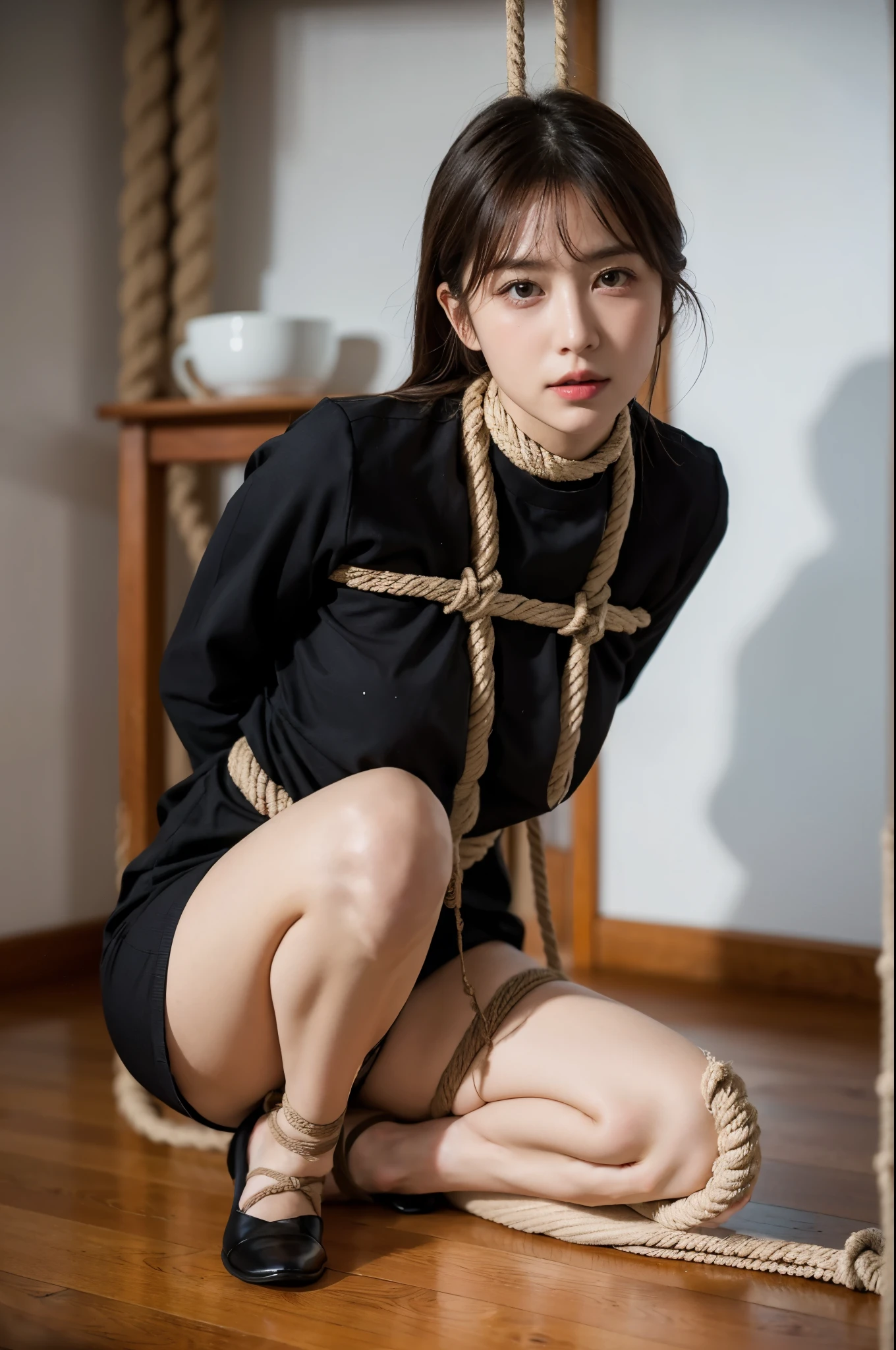 ulzzang-6500-v1.1, (RAW photo:1.2), (Photoreal), (genuine:1.4), (muste piece), A high school girl wearing a sailor suit and tied up with a rope、high school girl sitting on the floor, tied up with arms tied behind the back, genuineの女子高生、pants visible between legs、(BDSM)、(rope bdsm:1.3)、slave, torture,Object made of white mesh rope, (rope bondage, shibari, Japanese bondage:1.5), tie with a rope, Photographed with Canon EOS R6, cables in her body, wearing a sailor uniform, wrapped in a leather strap, japanese goddess