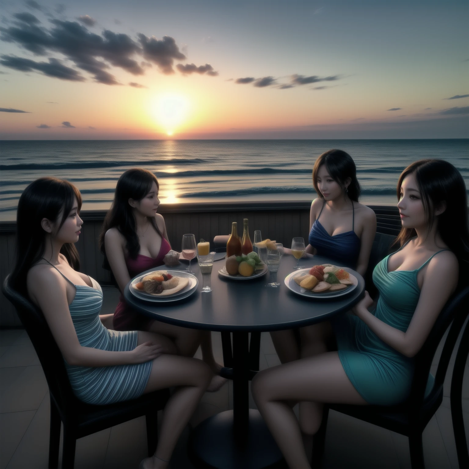 Five beautiful busty women wearing resort dresses are sitting on chairs by the seaside, enjoying a beach party. On the table are delicious-looking food, colorful cocktails, and sparkling wine.。beautiful sunset sky. The sun is sinking into the sea.