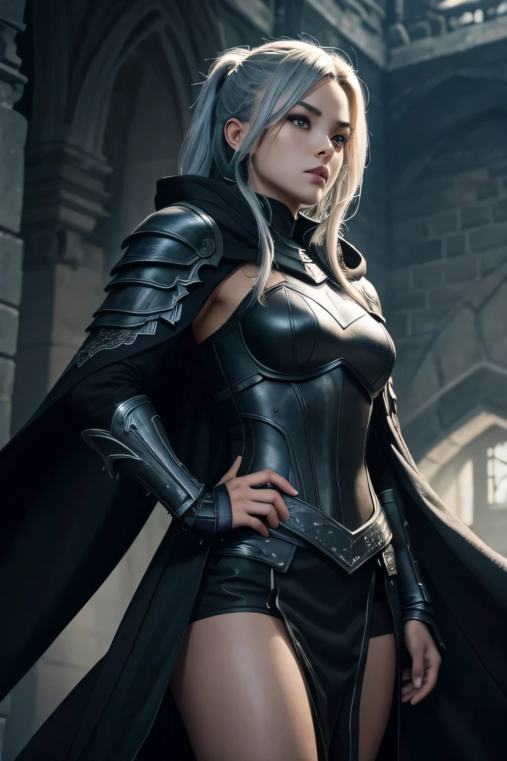 Black iron armor、black cloak、Beautiful muscular female dark knight、silver hair upstyle、((whole body))、(((photo taken from below)))、darkness