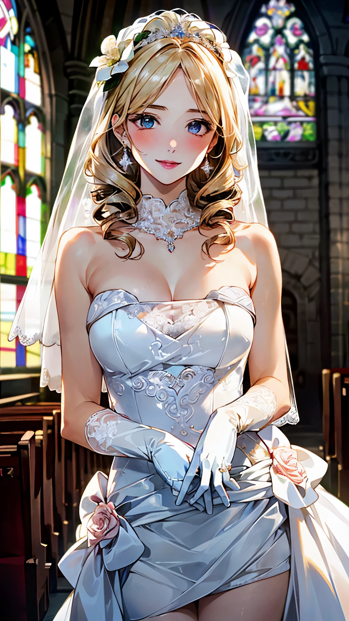 (masterpiece:1.2, top-quality, ultra high res, ultra detailed), (realistic, photorealistic:1.4), beautiful illustration, (natural side lighting, movie lighting), depth of fields,
looking at viewer, bust photo, 1 girl, 16 years old, perfect face, (perfect anatomy), cute and symmetrical face, baby face, shiny skin, slender
(long hair:1.8, drill hair:1.7, blonde hair), parted bangs, blue eyes, pink lips, long eye lasher, (large breasts:1.3),
beautiful hair, beautiful face, beautiful detailed eyes, beautiful clavicle, beautiful body, beautiful chest, beautiful thigh, beautiful legs, beautiful fingers,
detailed cloth texture, wedding princess dress, head flower, headdress, (bandeau wedding dress:1.5), (silk dress:1.2), (strapless wedding dress:1.5),
plain white dress, necklace, earring, cleavage, bouquet, (lace gloves:1.2), (bridal veil:1.2), (short transparent veil:1.2),
(beautiful scenery), evening, crystal clear sunlight, (church, stained glass) standing, (happy smile, blush),