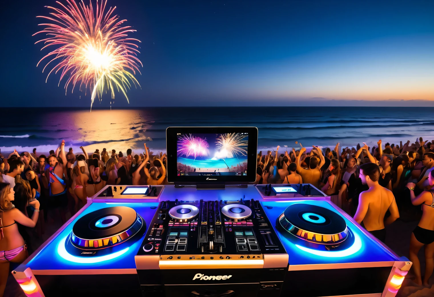 First-person view from above the stage through a PIONEER XDJ-1000mk2 DJ console at a beach party on the seashore, part of the PIONEER XDJ-1000mk2 is visible in the foreground, in the background young people in beach clothes dancing on the beach, in the background you can see the sea with the surf strip in the distance, night, Disco lights, dancing, bikini, fireworks