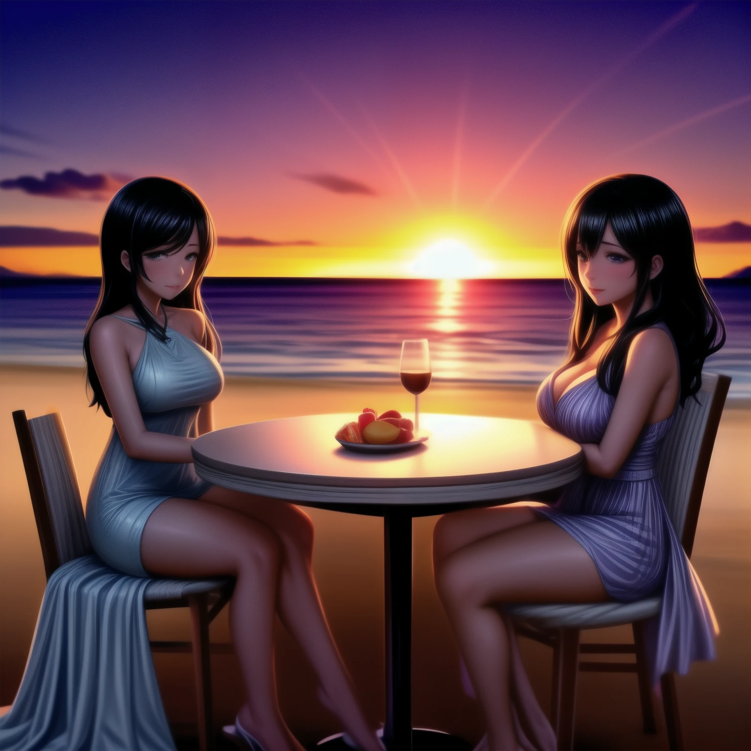 Five beautiful busty women wearing resort dresses are sitting on chairs by the seaside, enjoying a beach party. On the table are delicious-looking food, colorful cocktails, and sparkling wine.。beautiful sunset sky. The sun is sinking into the sea. 