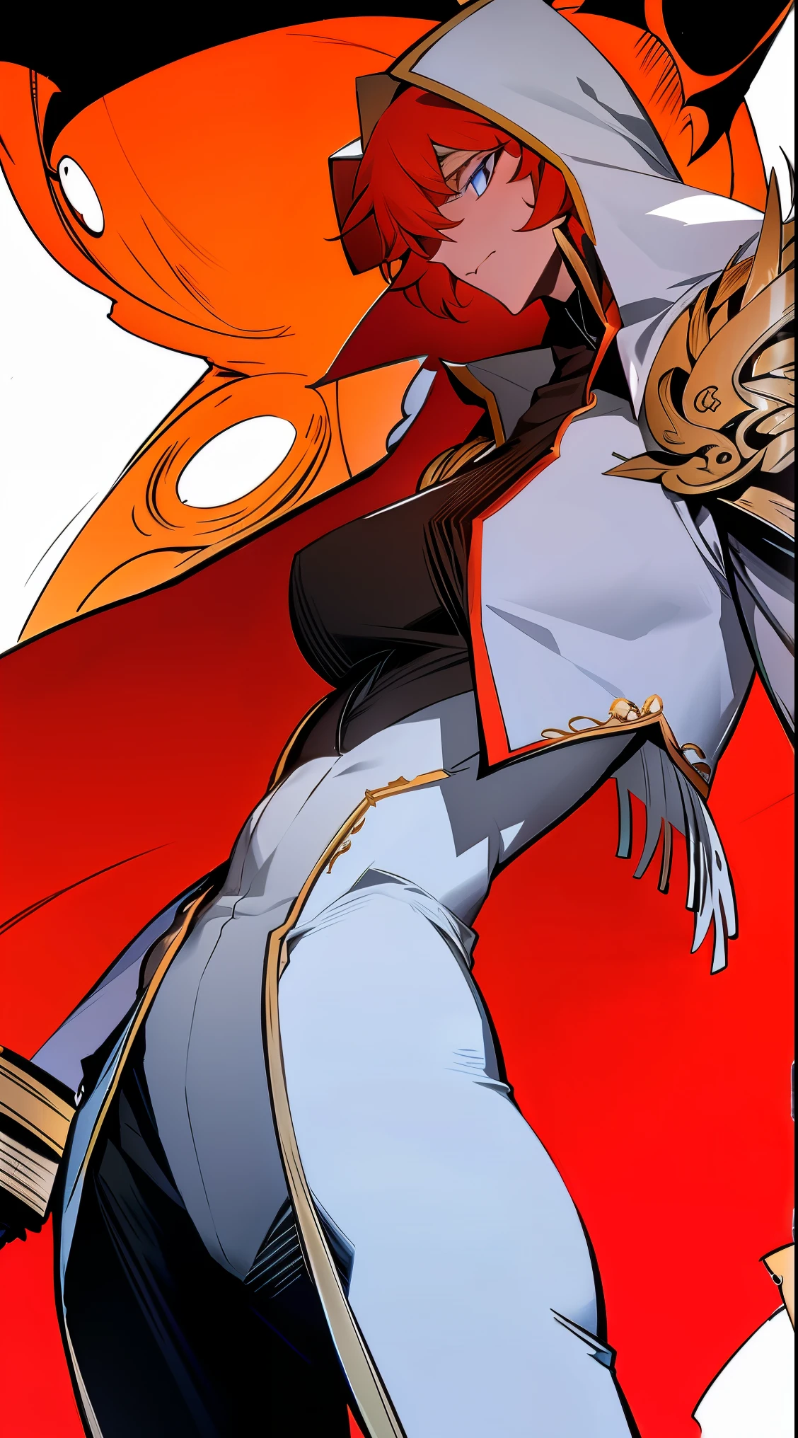 Midly Muscular woman in fantasy clothes, Long orange hair under a cap, blue eyes, tight white jacket, black pant, intricate pencil sketch, expressive eyes and nose and mouth, un-zoom, highly detailed, dynamic pose, white background