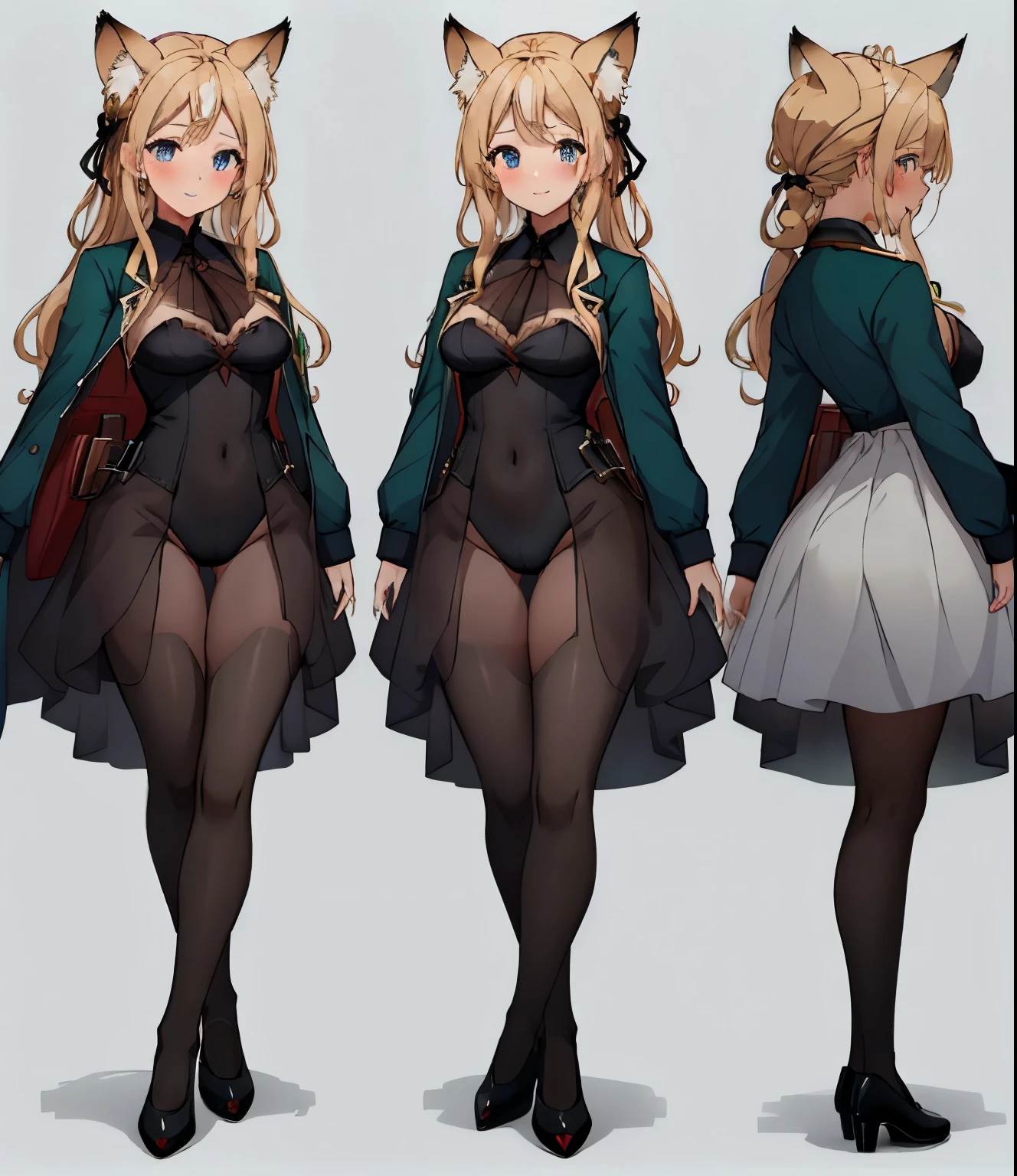 masterpiece: 1.6, highest quality: 1.4, live video: 1.2, intricate details: 1.2, 1 girl, alone, (blonde), long hair, french braid, single ~ sidelock, Forehead: 1.5, fox ears, big fox tail: 1.8, deep blue eyes, bright eyes, big breasts, exposed thighs:1.7, green adventurer-like jacket:1.5, leotard: 3, pochette:1.5, full body shot, multiple views, front, return, ~ side, Performance, ((Character setting material collection, Same character in different poses, character reversal: 1.5, multiple views)), arms behind return, portrait, Happy, Are crying, Get angry, smile
