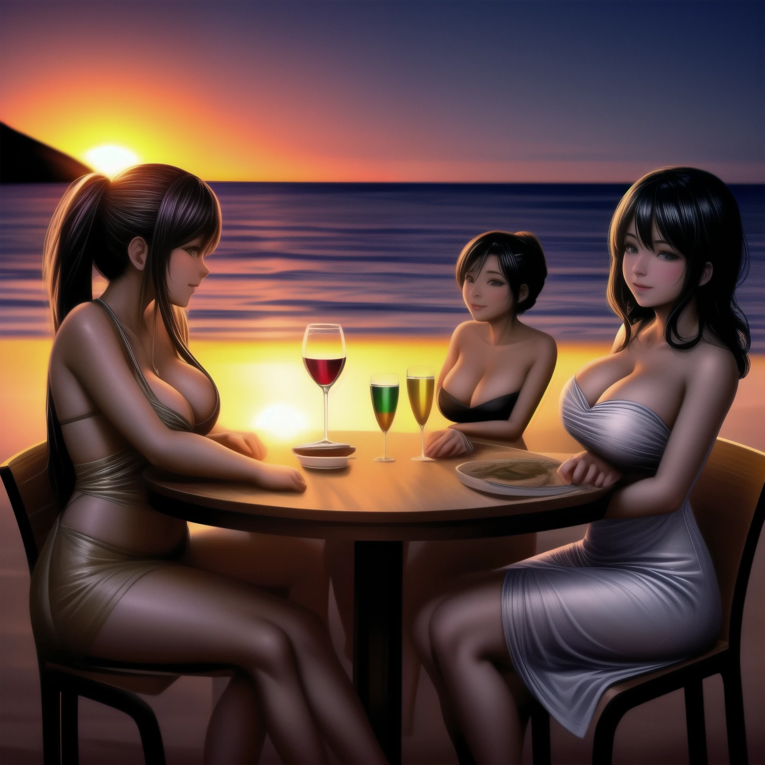 Five beautiful busty women wearing resort dresses are sitting on chairs by the seaside, enjoying a beach party. On the table are delicious-looking food, colorful cocktails, and sparkling wine.。beautiful sunset sky. The sun is sinking into the sea.