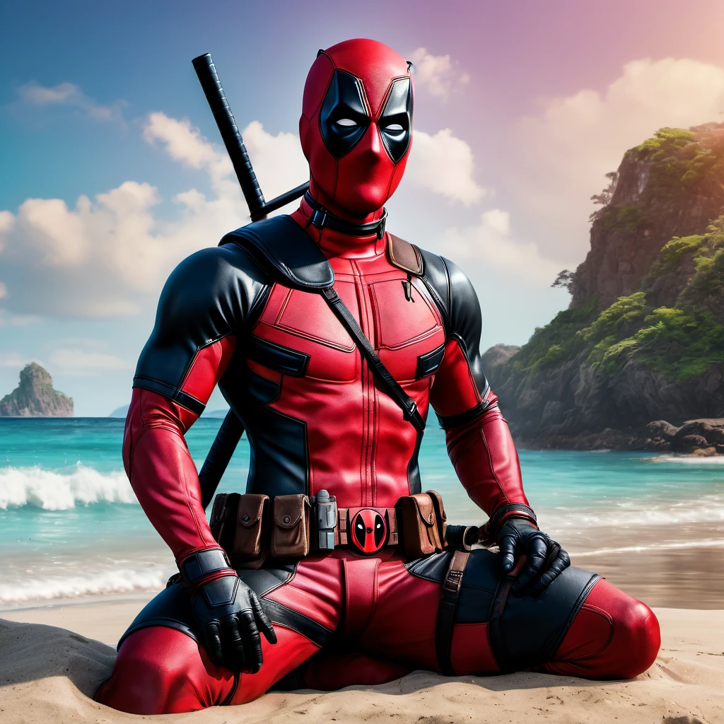 beach parties, aesthetic, extremely detailed, Deadpool tanning on the beach, detailed matte painting, deep color, fantastical, intricate detail, splash screen, complementary colors, fantasy concept art, 8k resolution trending on Artstation Unreal Engine 5, (best quality, 4k, 8k, highres, masterpiece:1.2), ultra-detailed, (realistic, photorealistic, photo-realistic:1.37), HDR, UHD, studio lighting, extreme detail description, professional, vivid colors, bokeh, beach, portraits, landscape