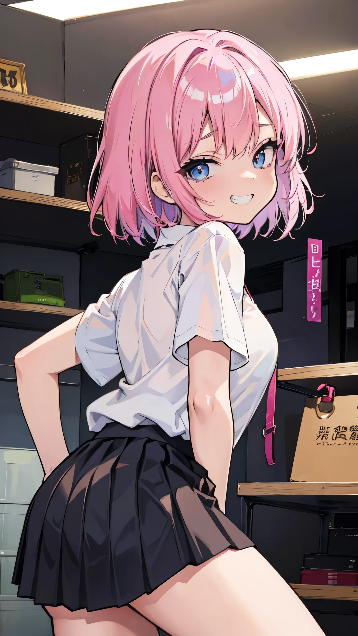 (8K、Highest image quality、highest quality、masterpiece)、detailed face、((one ))、pink hair、short hair、light blue eyes、evil smile、((grin))、small breasts、((white shirt))、((black pleated skirt))、((miniskirt))、((white panties))、look back、((bent over))、Turning your butt off、cowboy shot、POV、Gym storeroom、((nsfw))