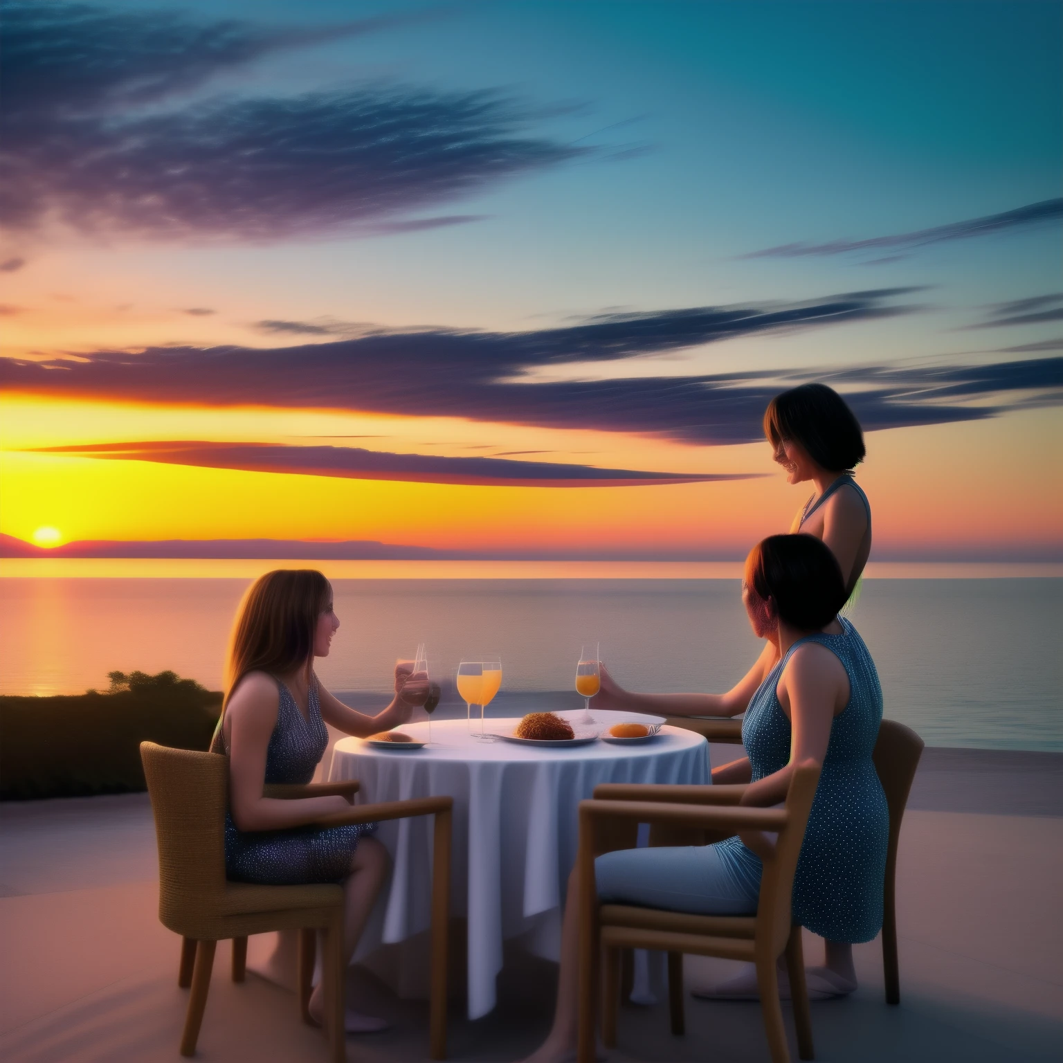 Five beautiful busty women wearing resort dresses are sitting on chairs by the seaside, enjoying a beach party. On the table are delicious-looking food, colorful cocktails, and sparkling wine.。beautiful sunset sky. The sun is sinking into the sea.