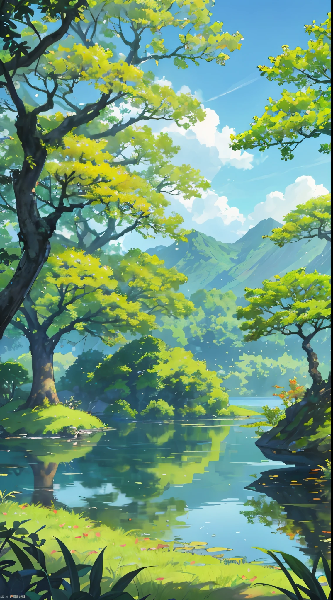 Chinese big breasts、The sky is half、autumn scenery、ginkgo leaf、jungles、lakes，The tree、grassy fields、Rochas、hydrosphere、（illustratio：1.0）、Epic composition、Realistic light、high definition detail、tmasterpiece、Best quality，（Very detailed CG unified 8k wallpaper）