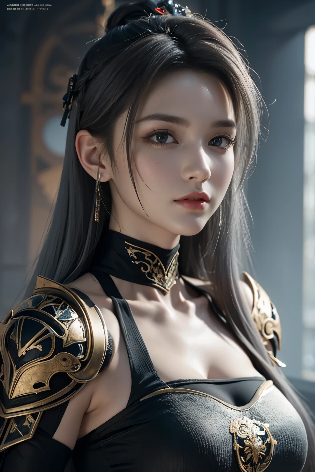 Masterpiece,Game art,The best picture quality,Highest resolution,8K,(Portrait),Unreal Engine 5 rendering works,(Digital Photography),((Portrait Feature:1.5)),
20 year old girl,Short hair details,With long bangs,(The red eye makeup is very meticulous),(With long gray hair:1.4),(Large, full breasts),Elegant and noble,Brave and charming,
(Future armor combined with the characteristics of ancient Chinese armor,Hollow design,Power Armor,The mysterious Eastern runes,A delicate dress pattern,A flash of magic),Warrior of the future,Cyberpunk figures,Background of war,
Movie lights，Ray tracing，Game CG，((3D Unreal Engine))，OC rendering reflection pattern