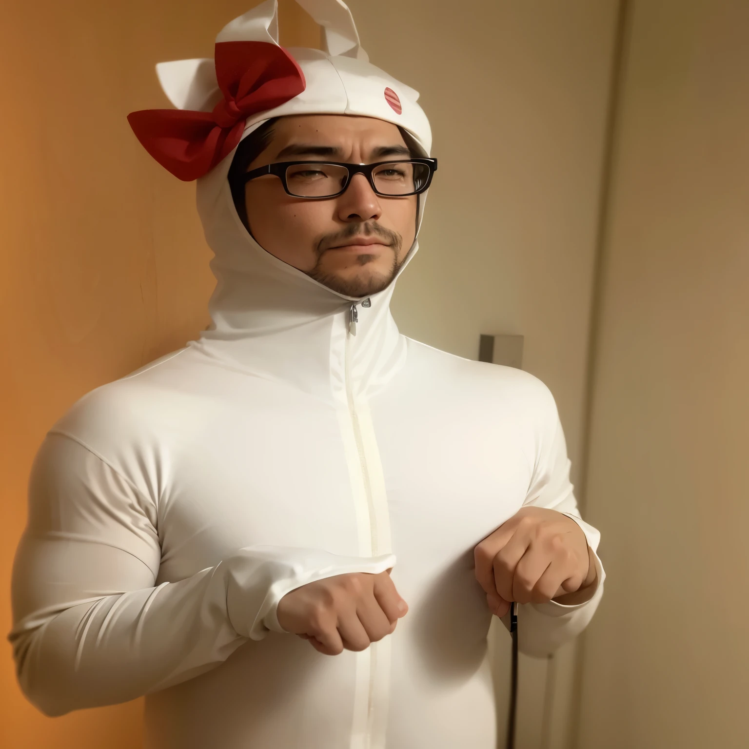 There's a man wearing a cat in a hat, man dressed as a chicken, wearing a bunny suit, bunny suit, Full body in costume, full costume, wearing a tight suit, zentai suit, in costume, inspired by Taiyō Matsumoto, Works inspired by Tensho Shubun, wearing a hero costume, Wearing a plug suit