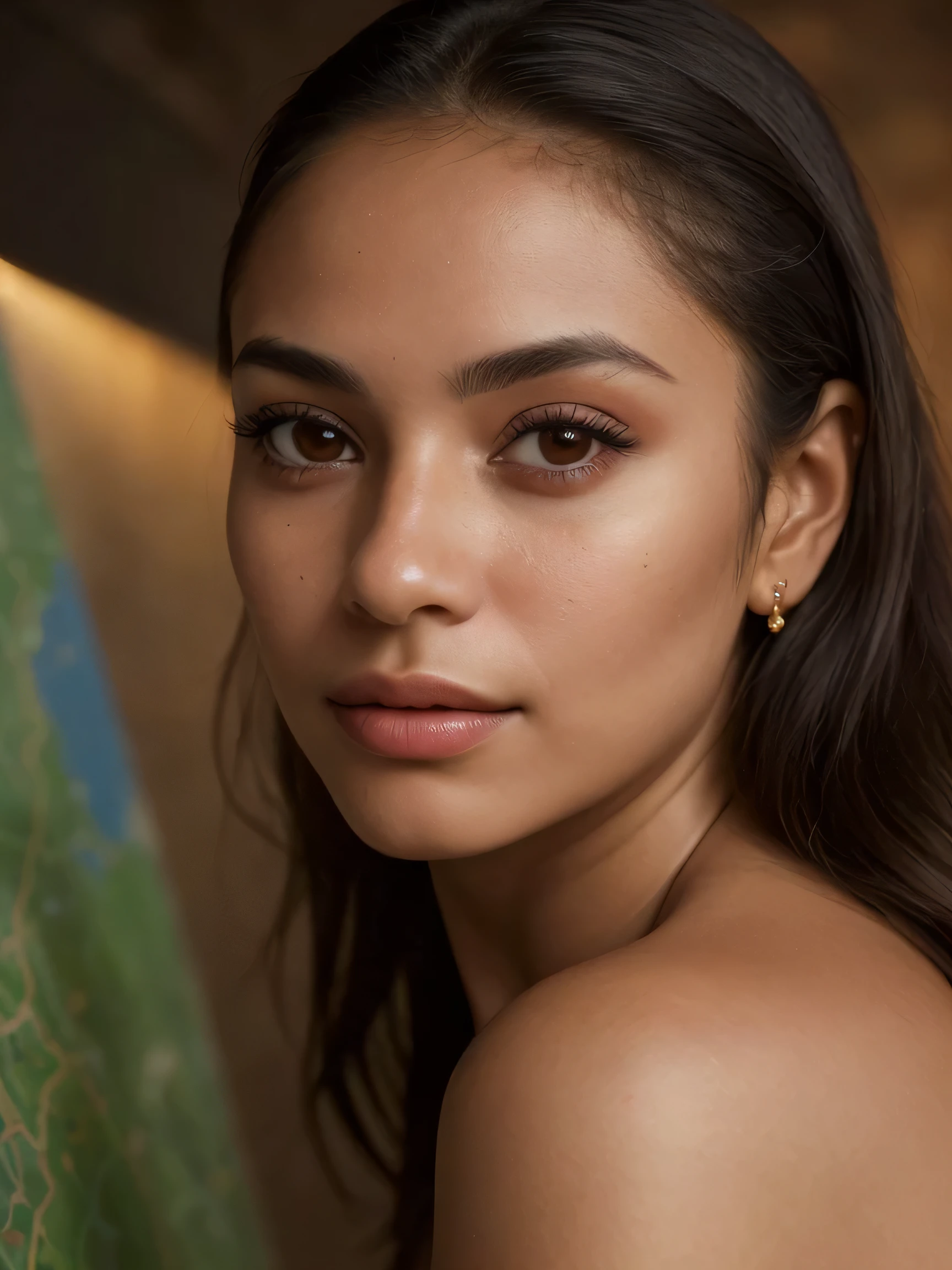 una mujer mexicana, 25 years, solo, sumergido en las profundidades de la noche, with a landscape and nature backdrop illuminated by high level lighting and studio lighting. His face is bathed in frontal lighting., Cada detalle de su rostro capturado de forma realista y fotorrealista. (1.37). The depth of his dark brown eyes is rendered in intricate detail.., acentuado por los poros y texturas evidentes en su piel (1.1), que brilla con una calidad similar a un mapa en este crudo, High-quality 8K photography (8K, fotos crudas, de primera calidad, Obra maestra:1.2). su largo,